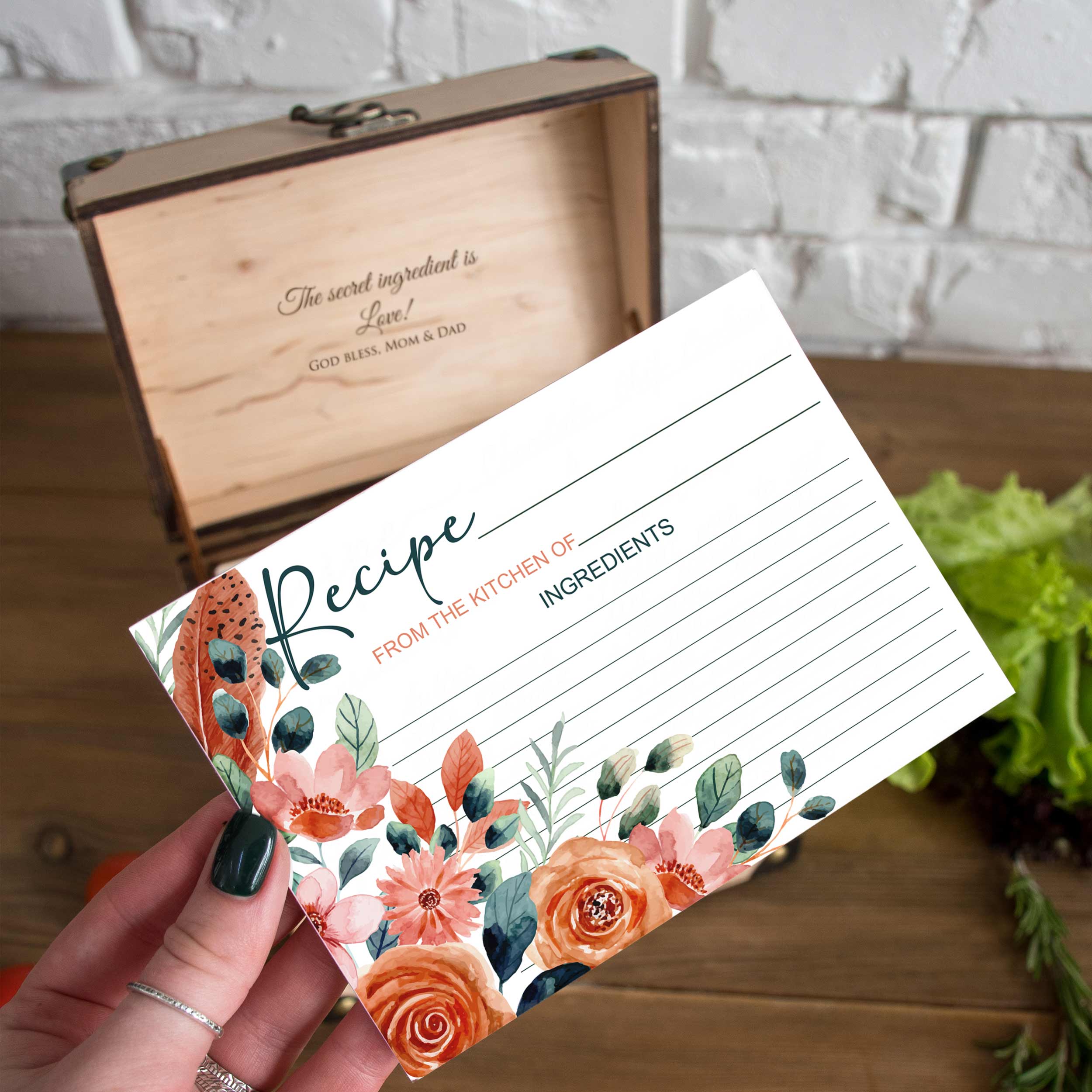 Wooden Recipe Organizer with Dividers & Cards - Bridal Shower Gift for Bride to Be