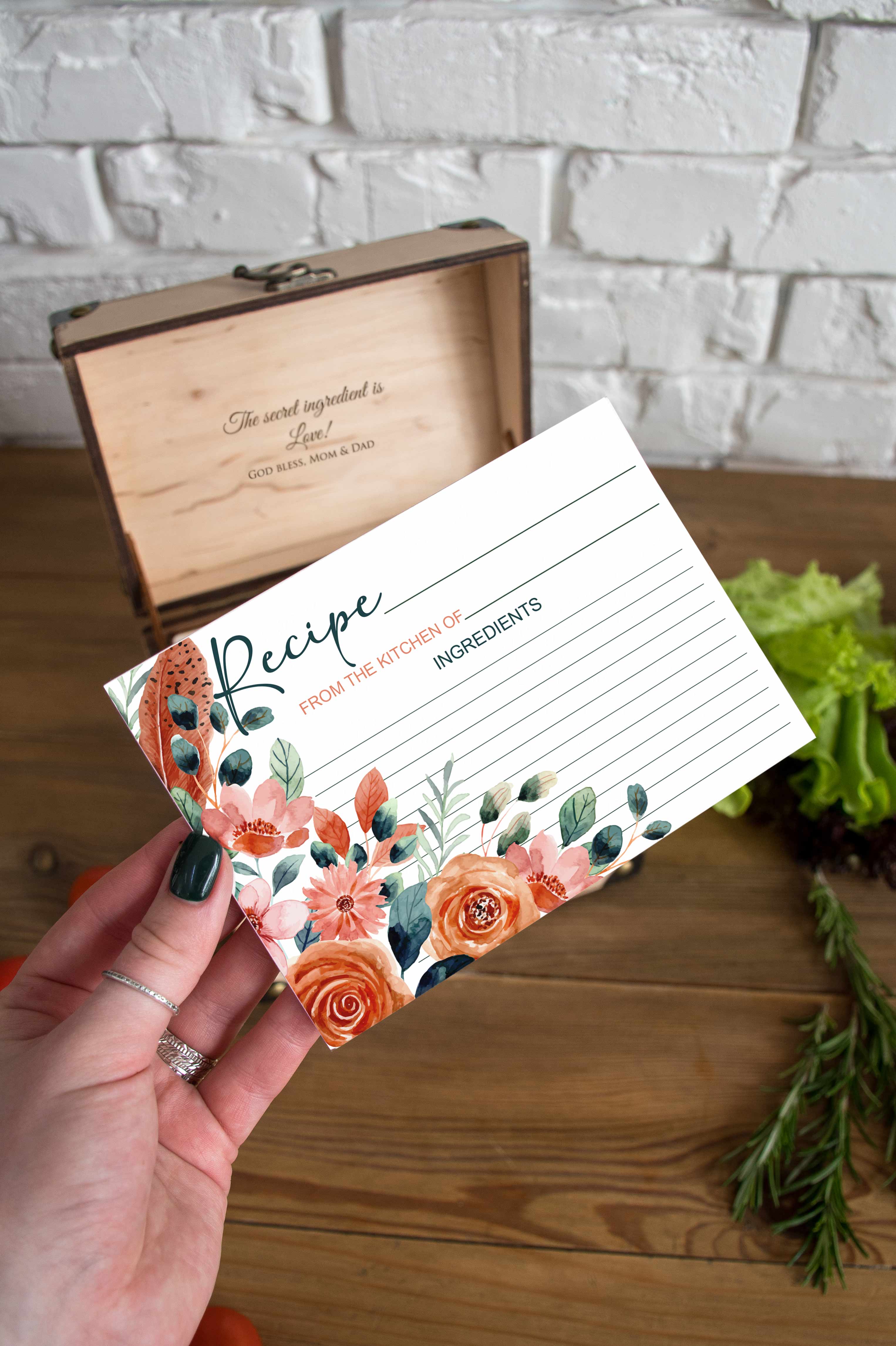 Wooden Recipe Organizer with Dividers & Cards - Bridal Shower Gift for Bride to Be