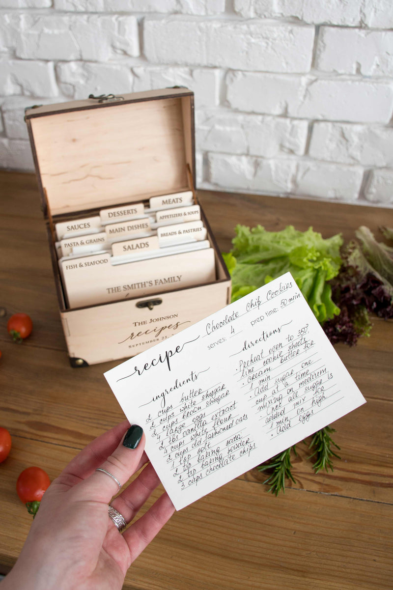Wooden Heirloom Recipe Box with Dividers and Cards - Kitchen Recipe Storage Box