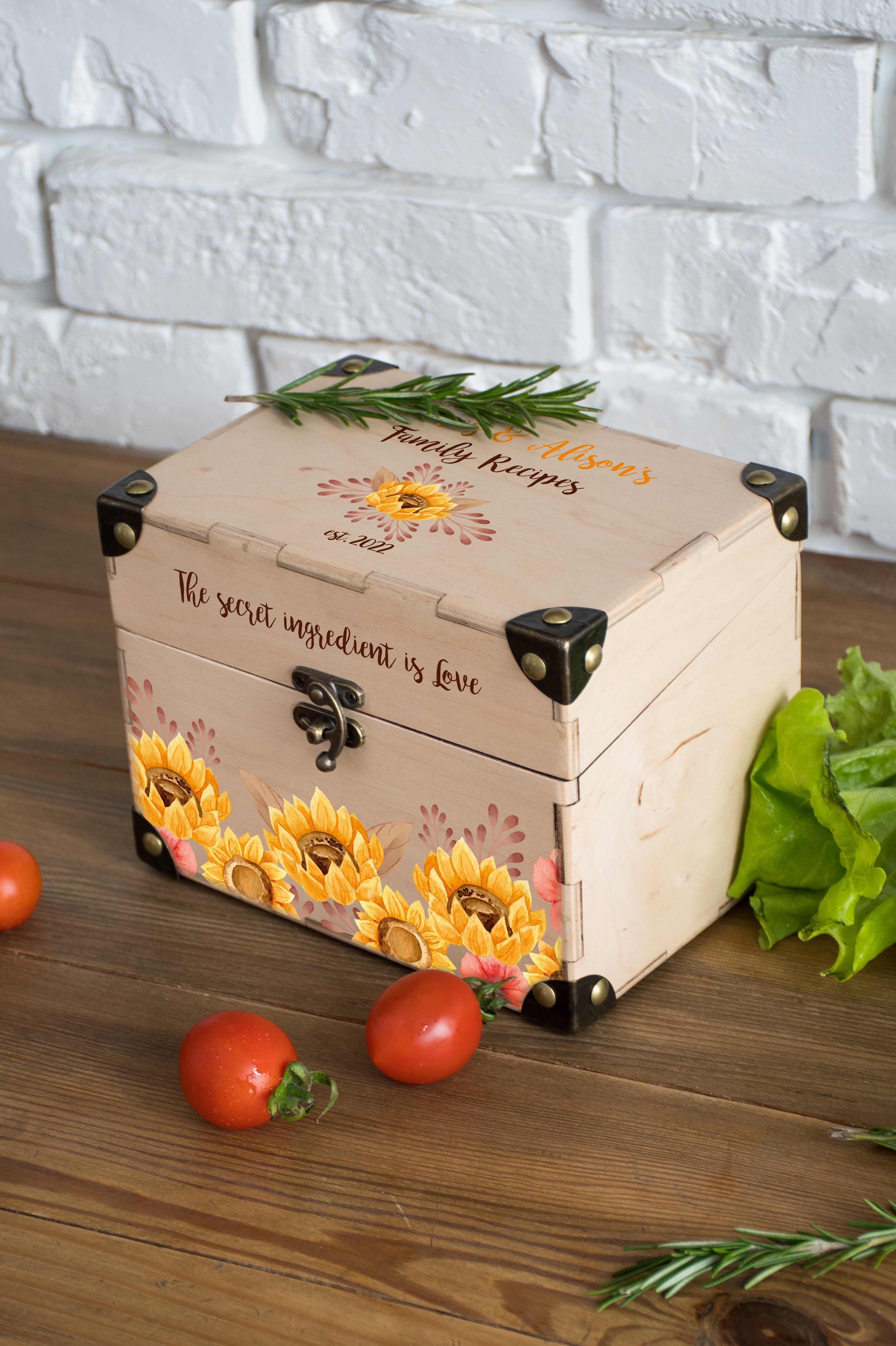 Customized Recipe Box - Housewarming Kitchen Gift with Sunflowers