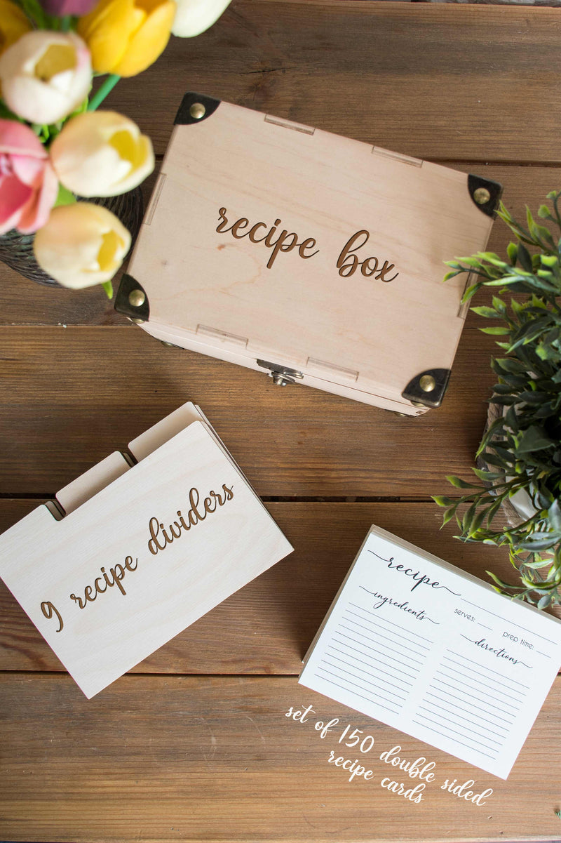 Wooden Recipe Organizer with Dividers & Cards - Bridal Shower Gift for Bride to Be