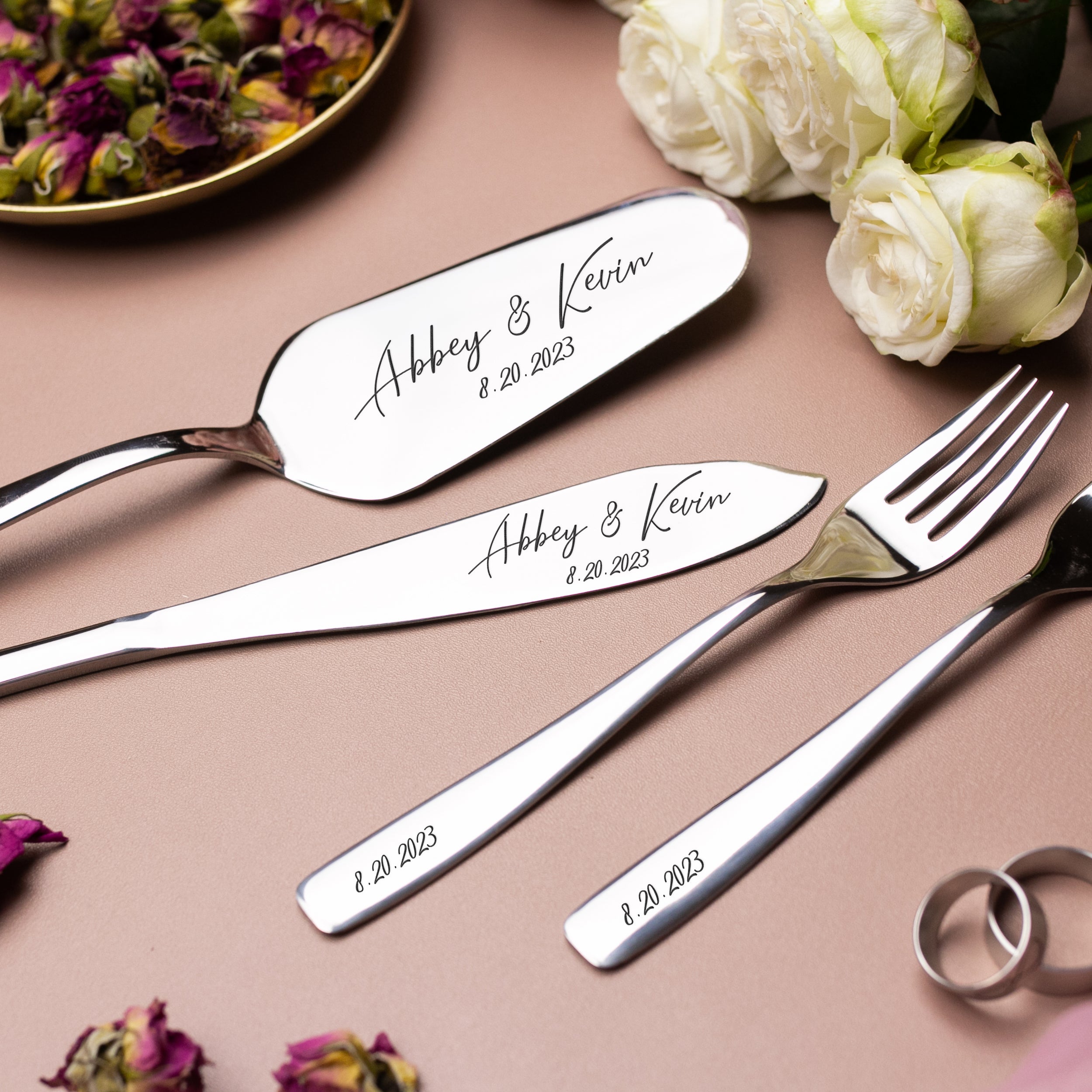 Engraved Cake Knife & Server with forks Set - Serving Accessories for Wedding