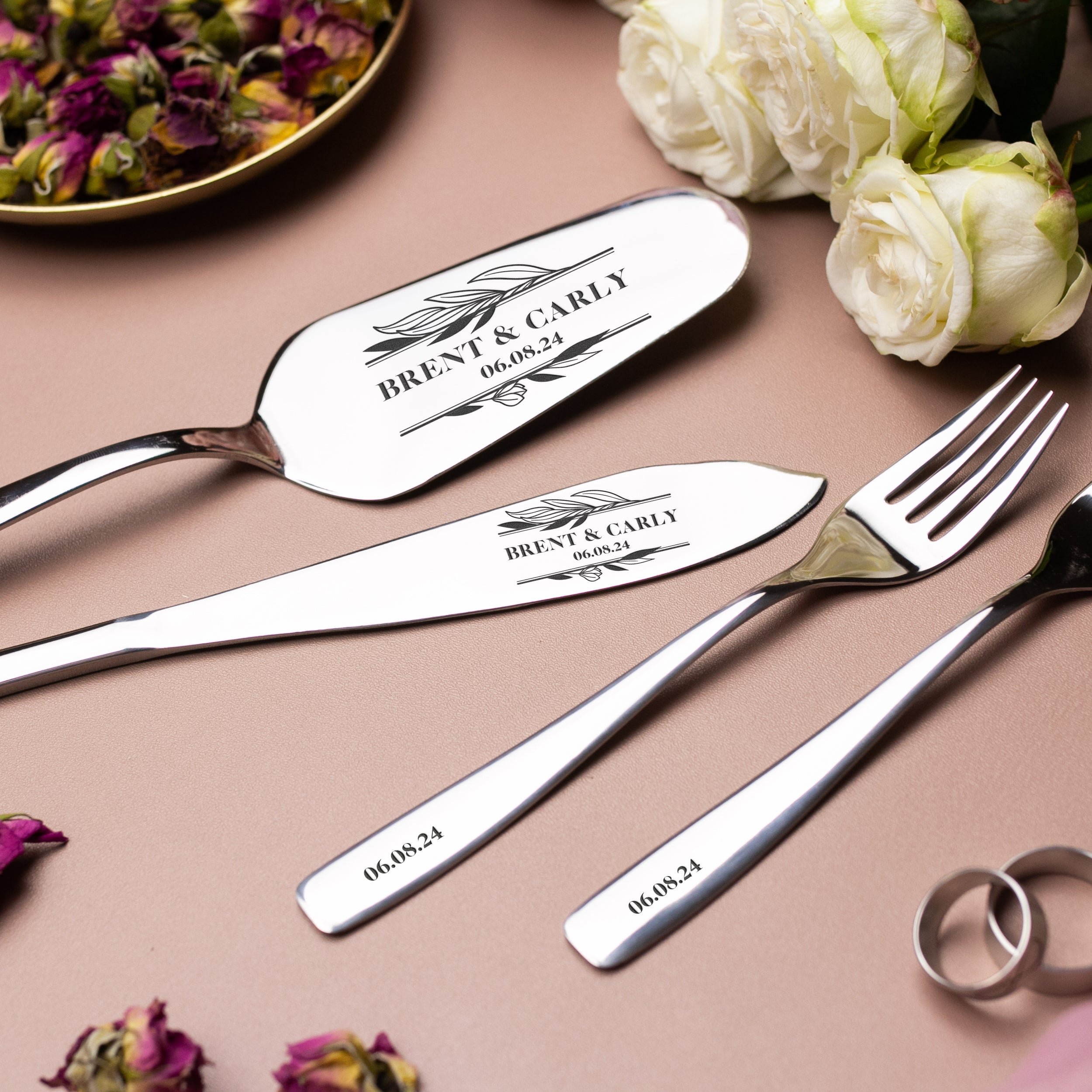 Custom wedding set cake server & knife anf forks - Personalized wedding gift for couple