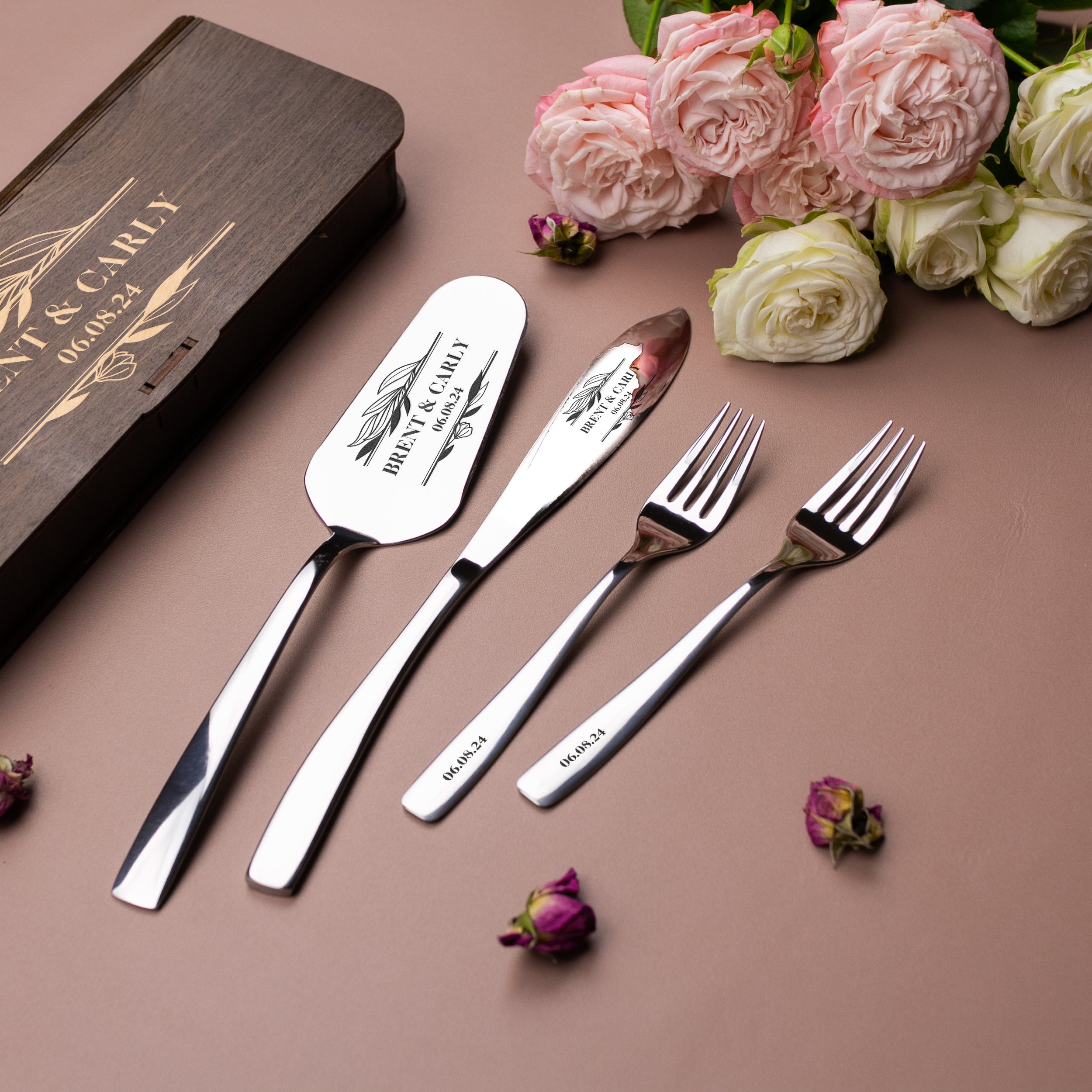 Custom wedding set cake server & knife anf forks - Personalized wedding gift for couple