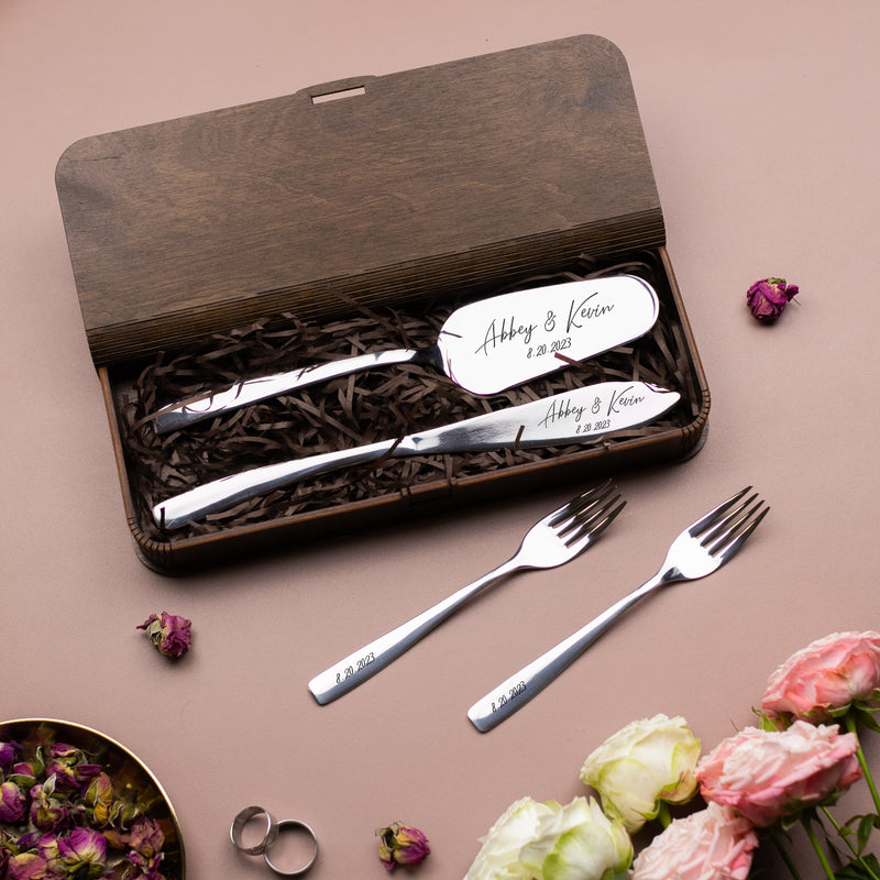 Engraved Cake Knife & Server with forks Set - Serving Accessories for Wedding
