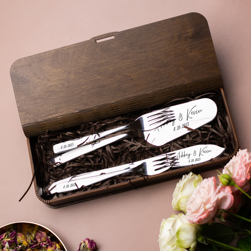 Engraved Cake Knife & Server with forks Set - Serving Accessories for Wedding
