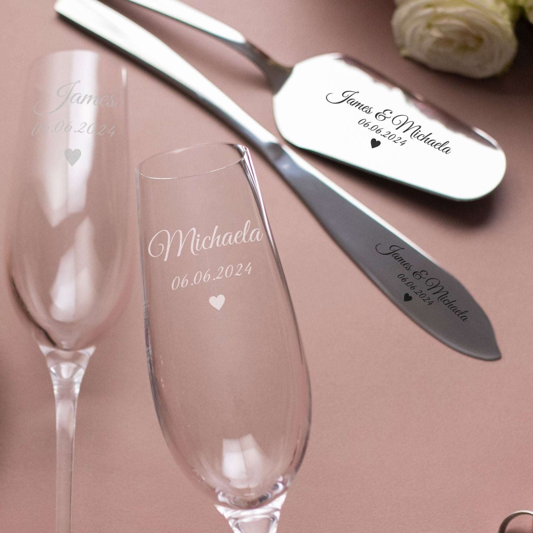 Personalized Cake Server & Knife and Champagne Flutes - Wedding Gift