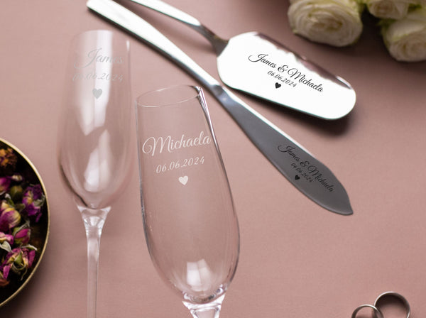 Personalized Cake Server & Knife and Champagne Flutes - Wedding Gift
