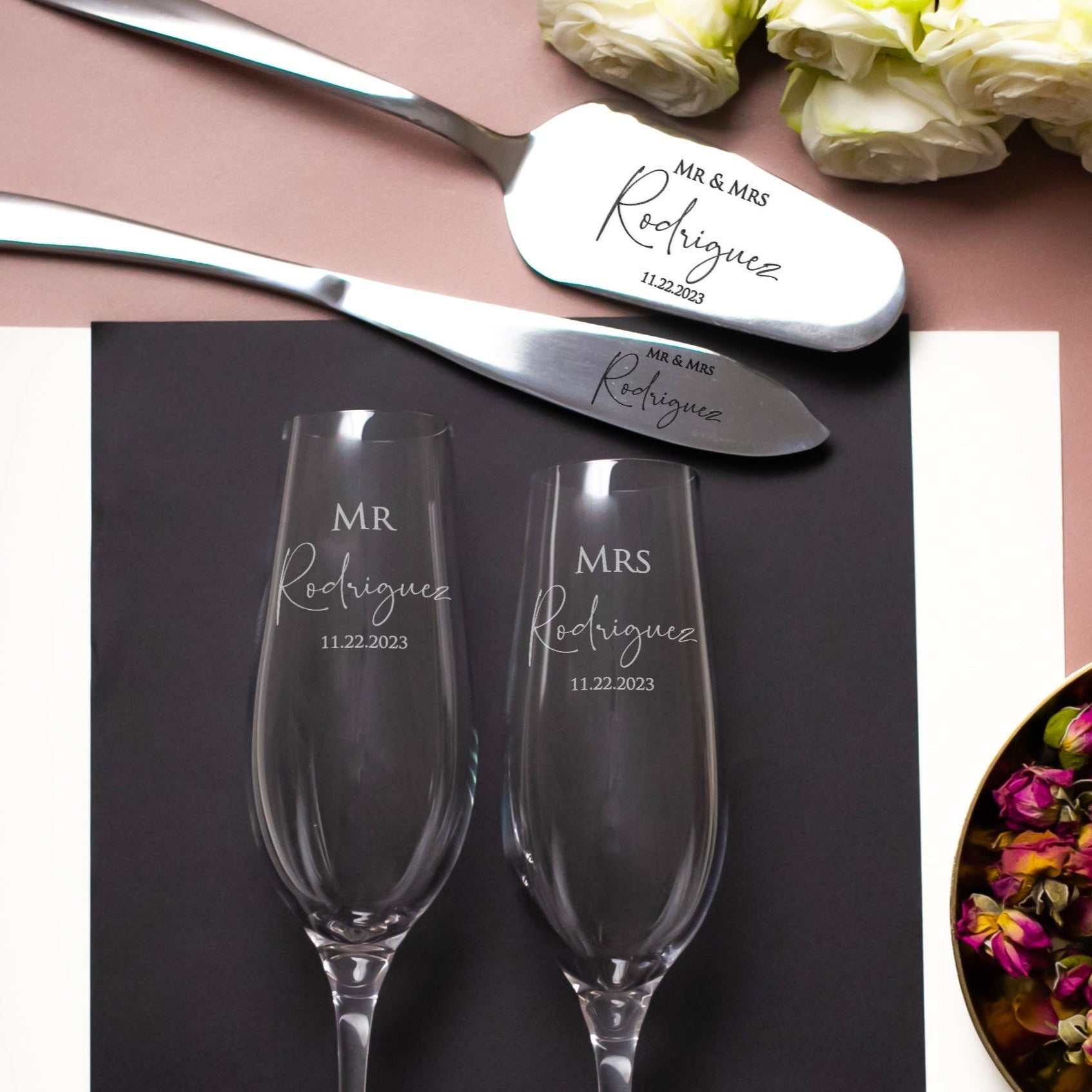 Champagne Toasting Glasses and Engraved cake Server and Knife