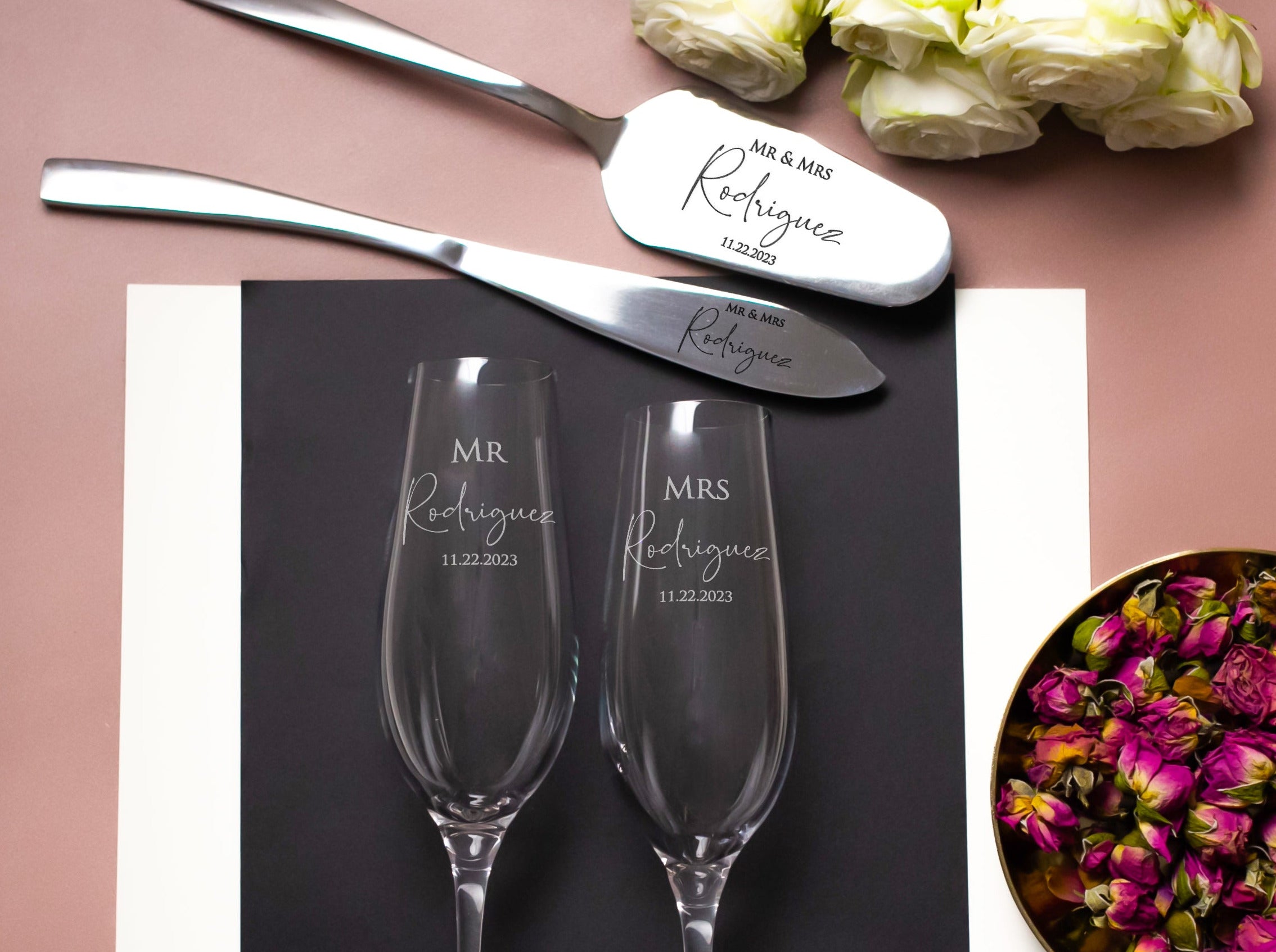 Champagne Toasting Glasses and Engraved cake Server and Knife