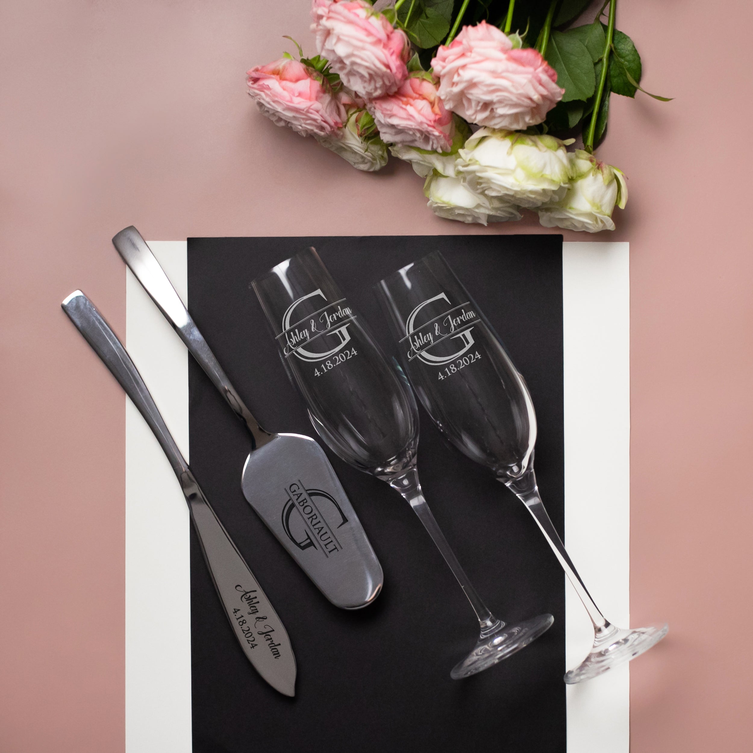 Elegant Wedding Champagne Flutes & Personalized Cake Serving Set