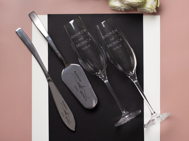 Wedding Serving Set and Engraved Champagne Glasses - Wedding Serving Accessories