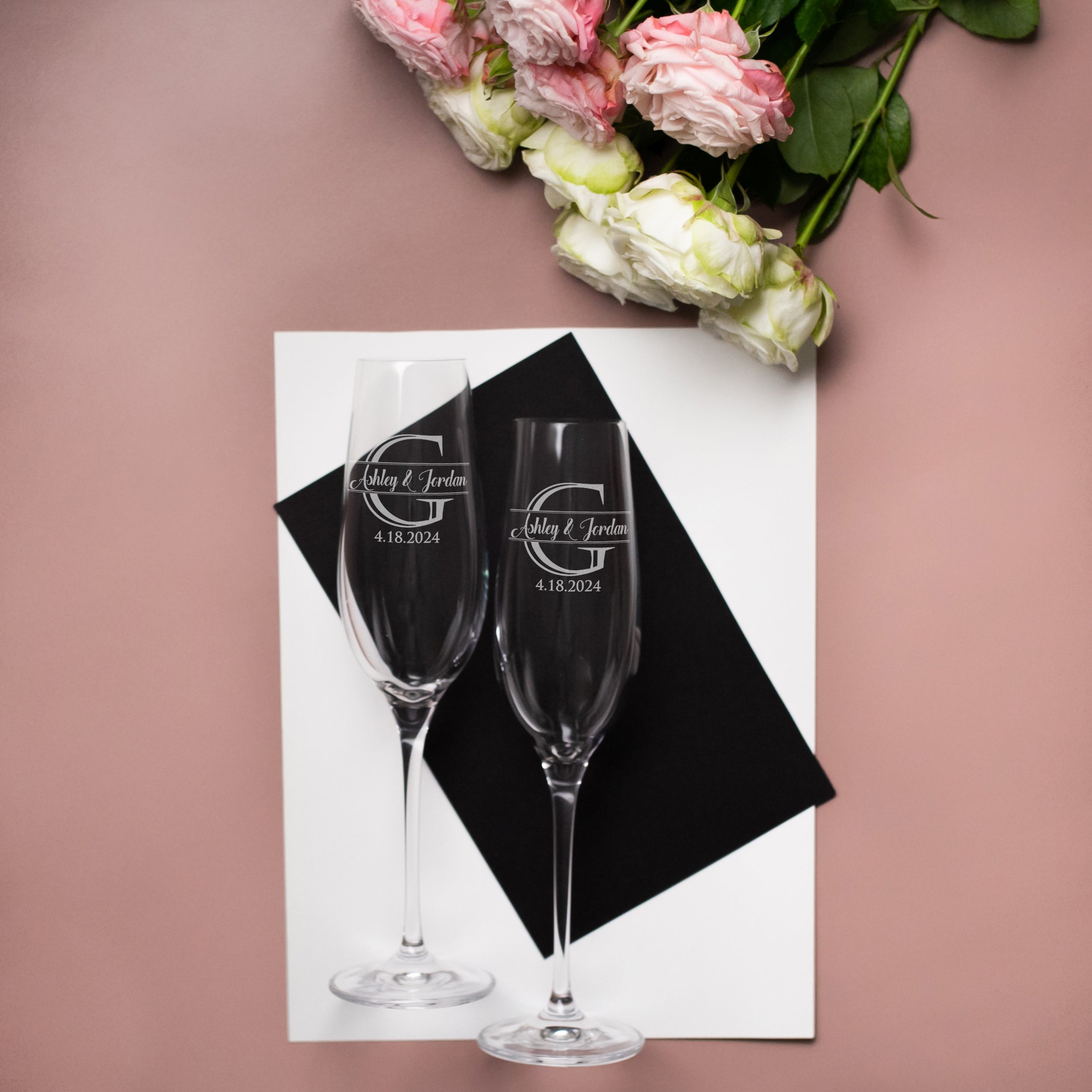 Elegant Wedding Champagne Flutes & Personalized Cake Serving Set