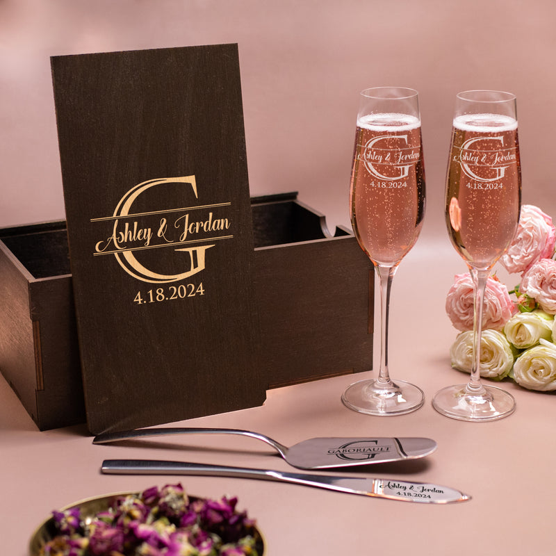 Elegant Wedding Champagne Flutes & Personalized Cake Serving Set