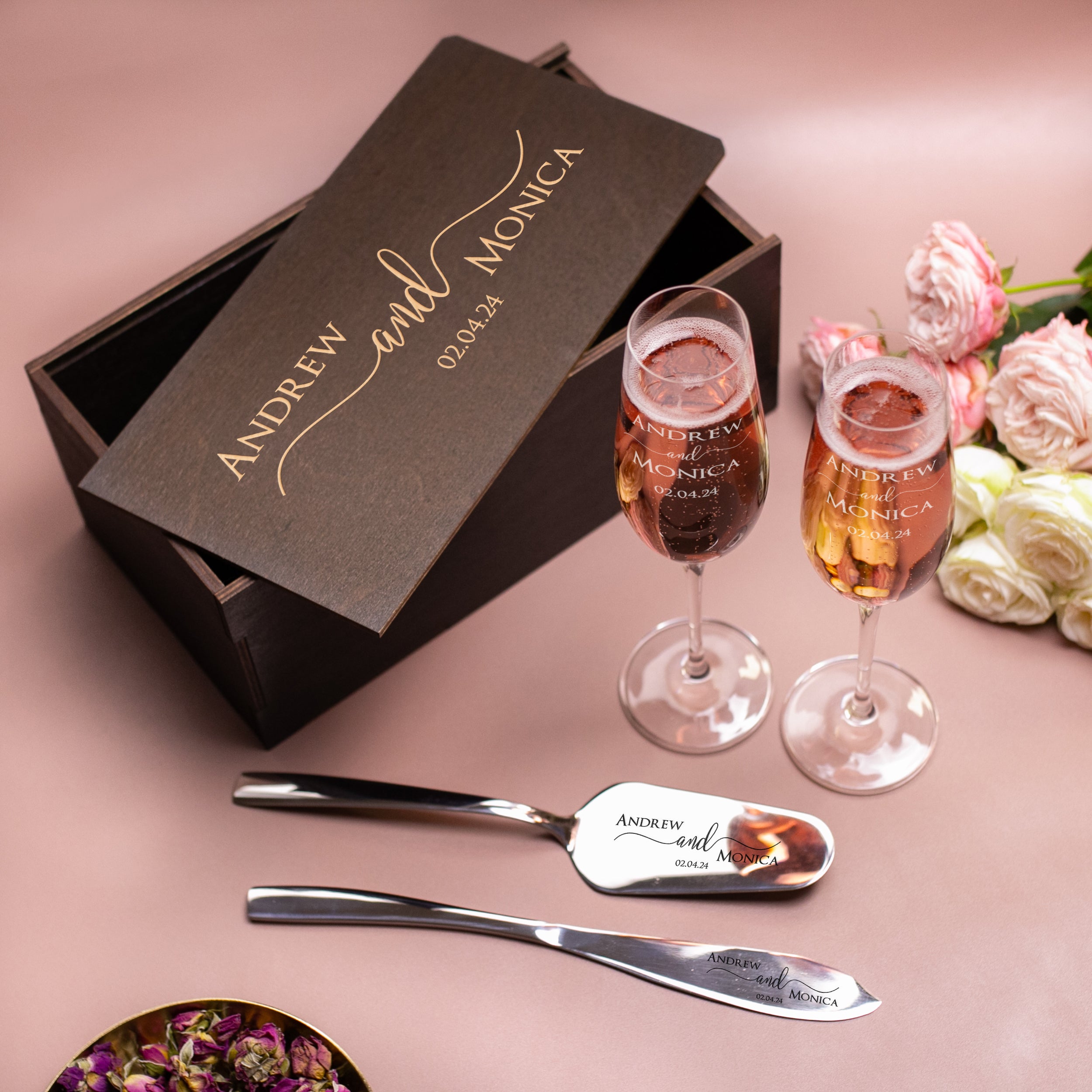 Wedding Serving Set and Engraved Champagne Glasses - Wedding Serving Accessories