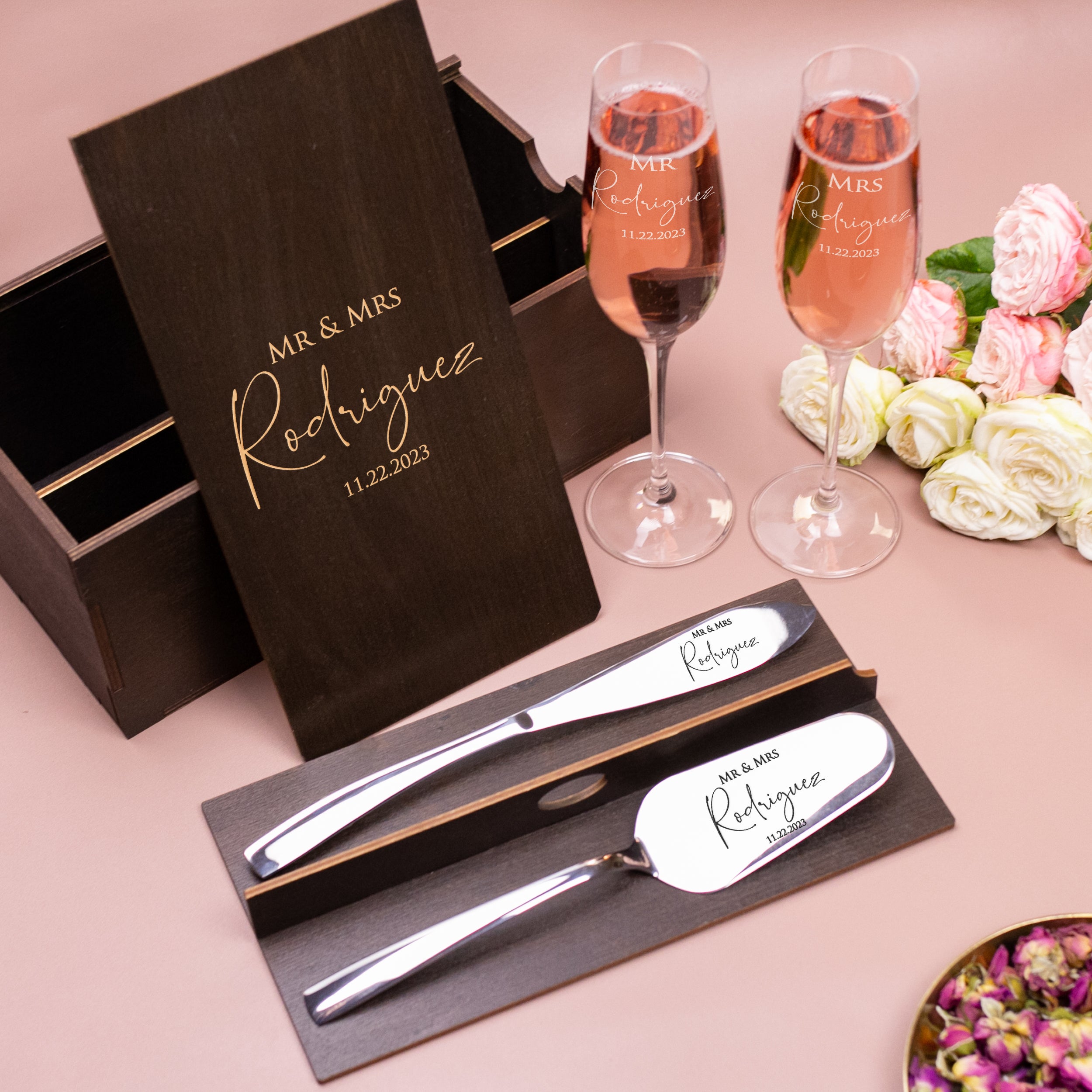 Champagne Toasting Glasses and Engraved cake Server and Knife