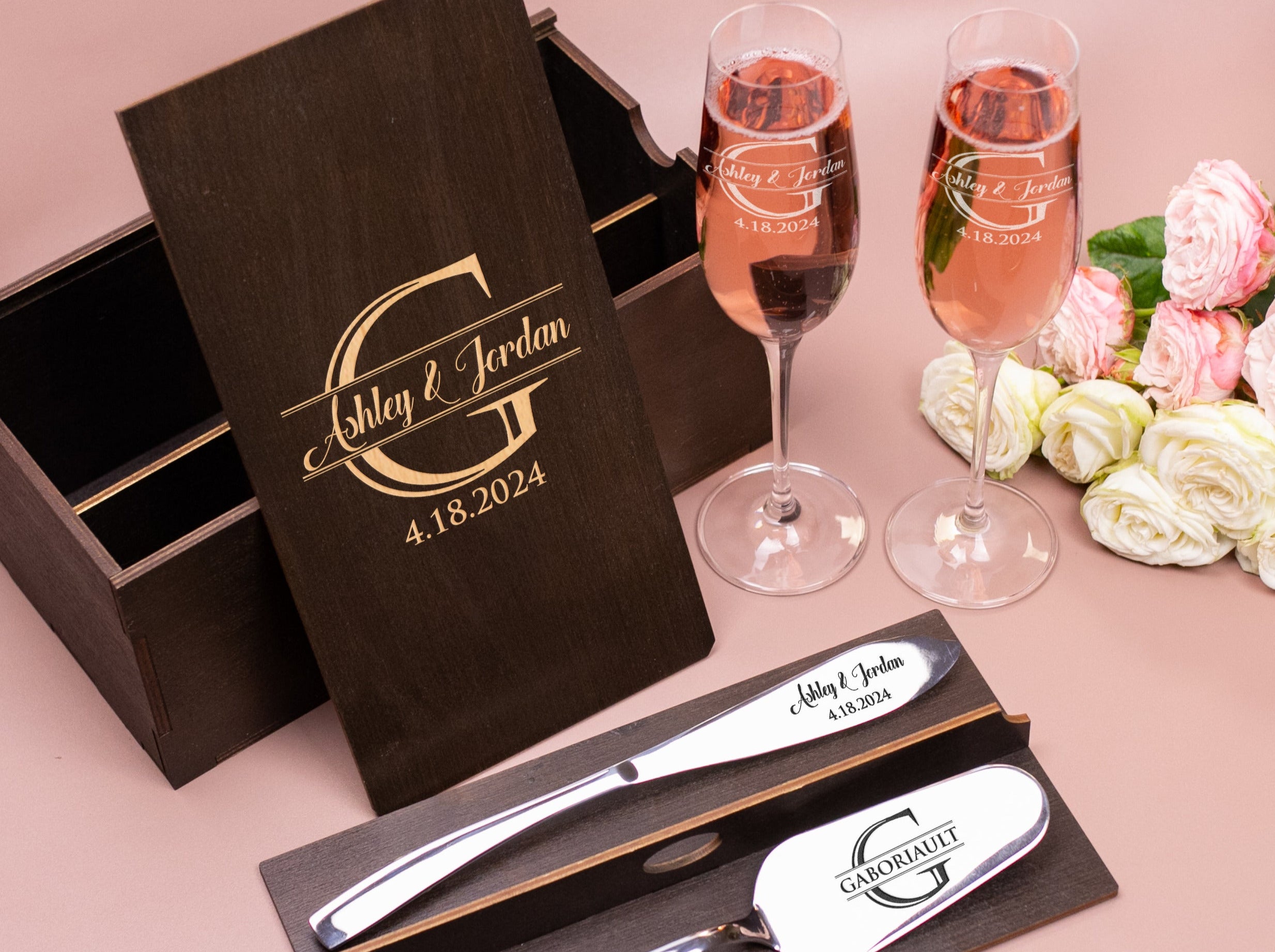 Elegant Wedding Champagne Flutes & Personalized Cake Serving Set