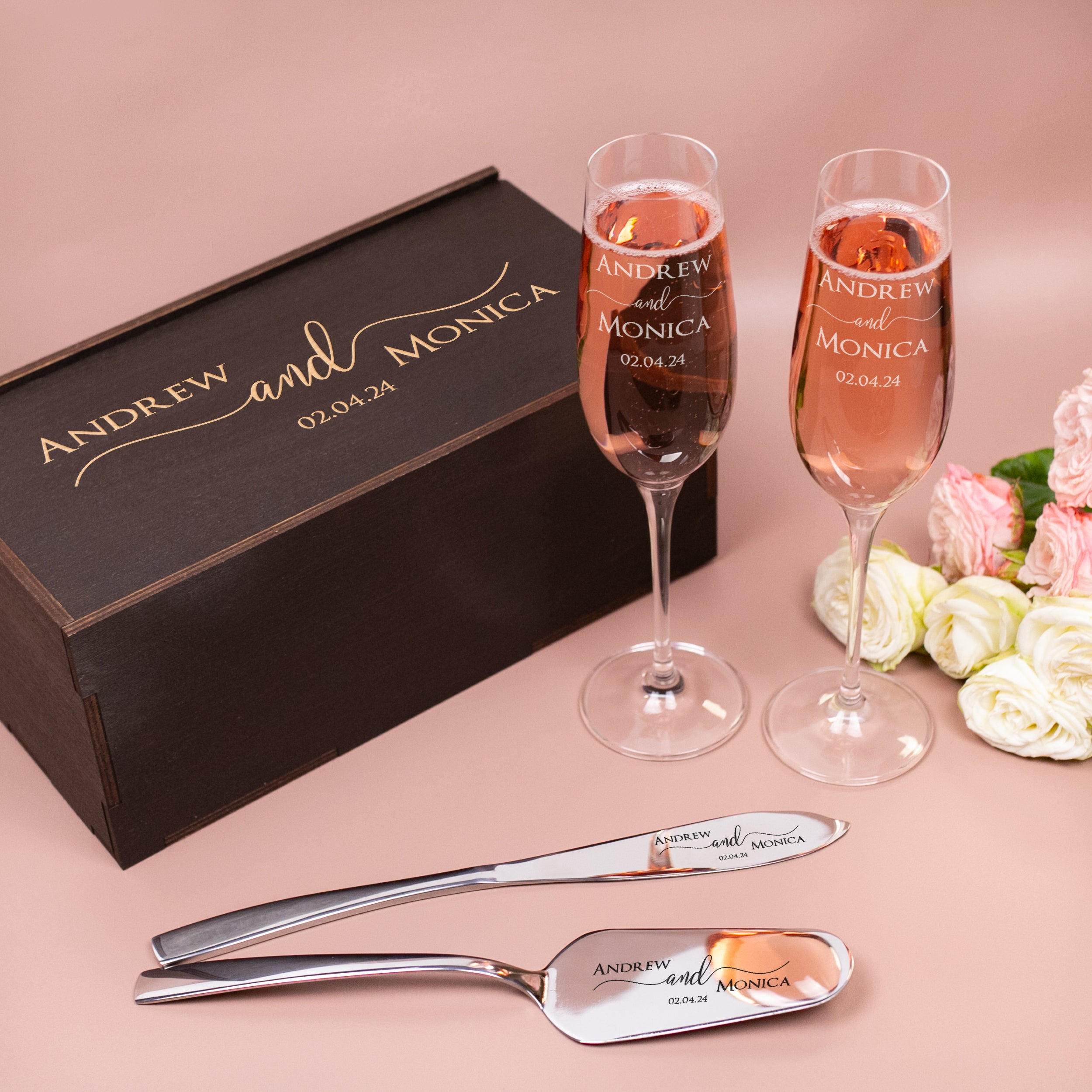 Wedding Serving Set and Engraved Champagne Glasses - Wedding Serving Accessories