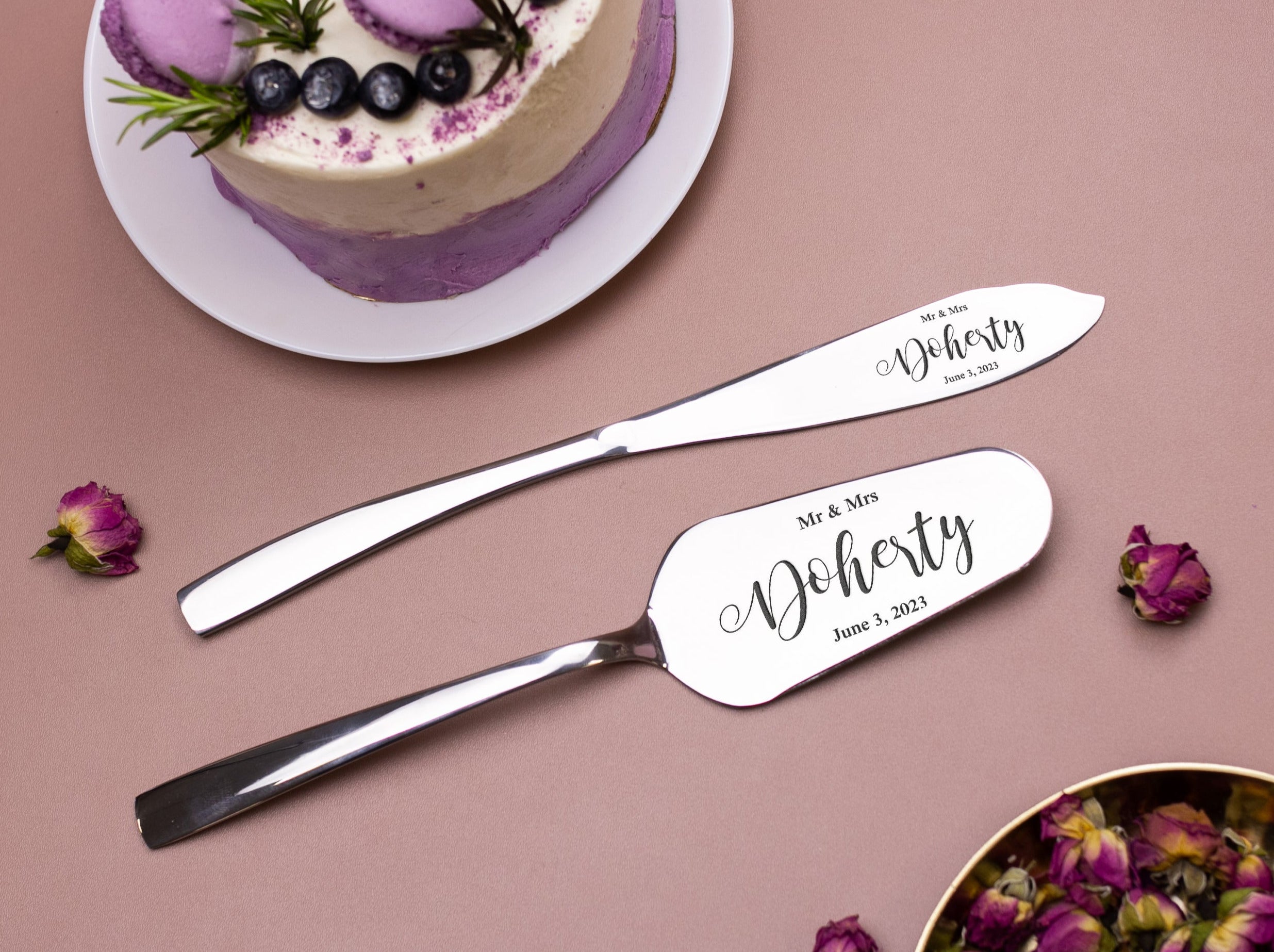 Personalized Wedding Cake Server Set - Engraved Cake Knife & Server