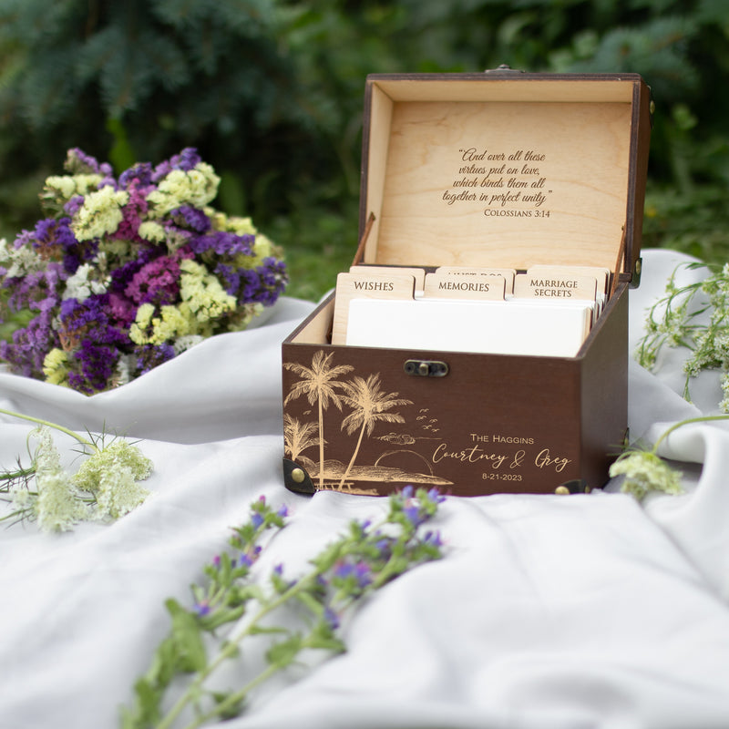 Alternative Wedding Guest Book for Beach & Destination Weddings - Wooden Card Box with Palm Leaves