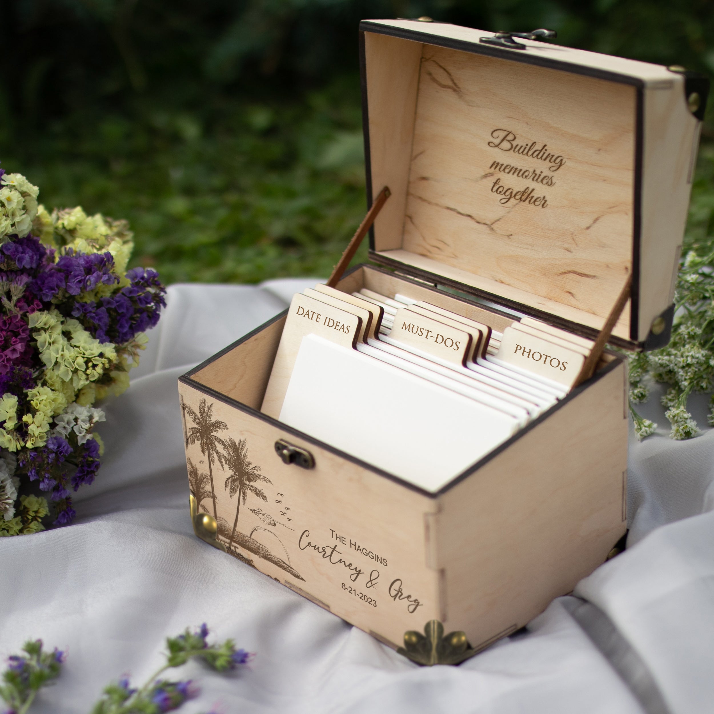 Alternative Wedding Guest Book for Beach & Destination Weddings - Wooden Card Box with Palm Leaves