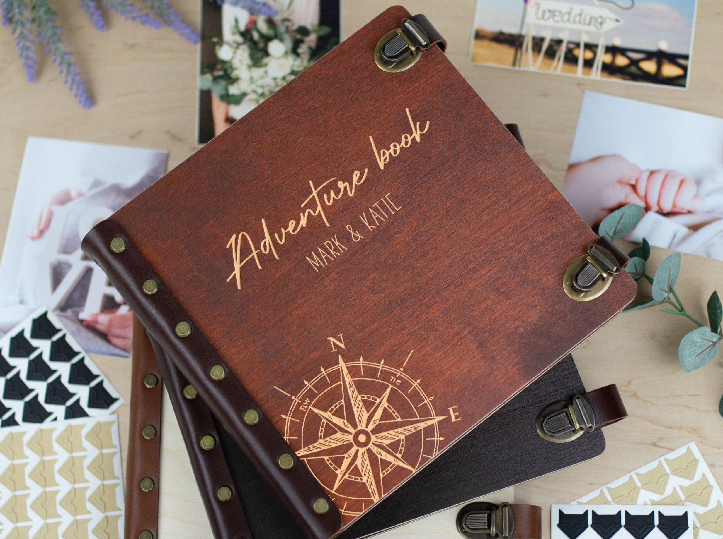 Adventure Scrapbook Album with Mountains - Custom Wooden Photo Album