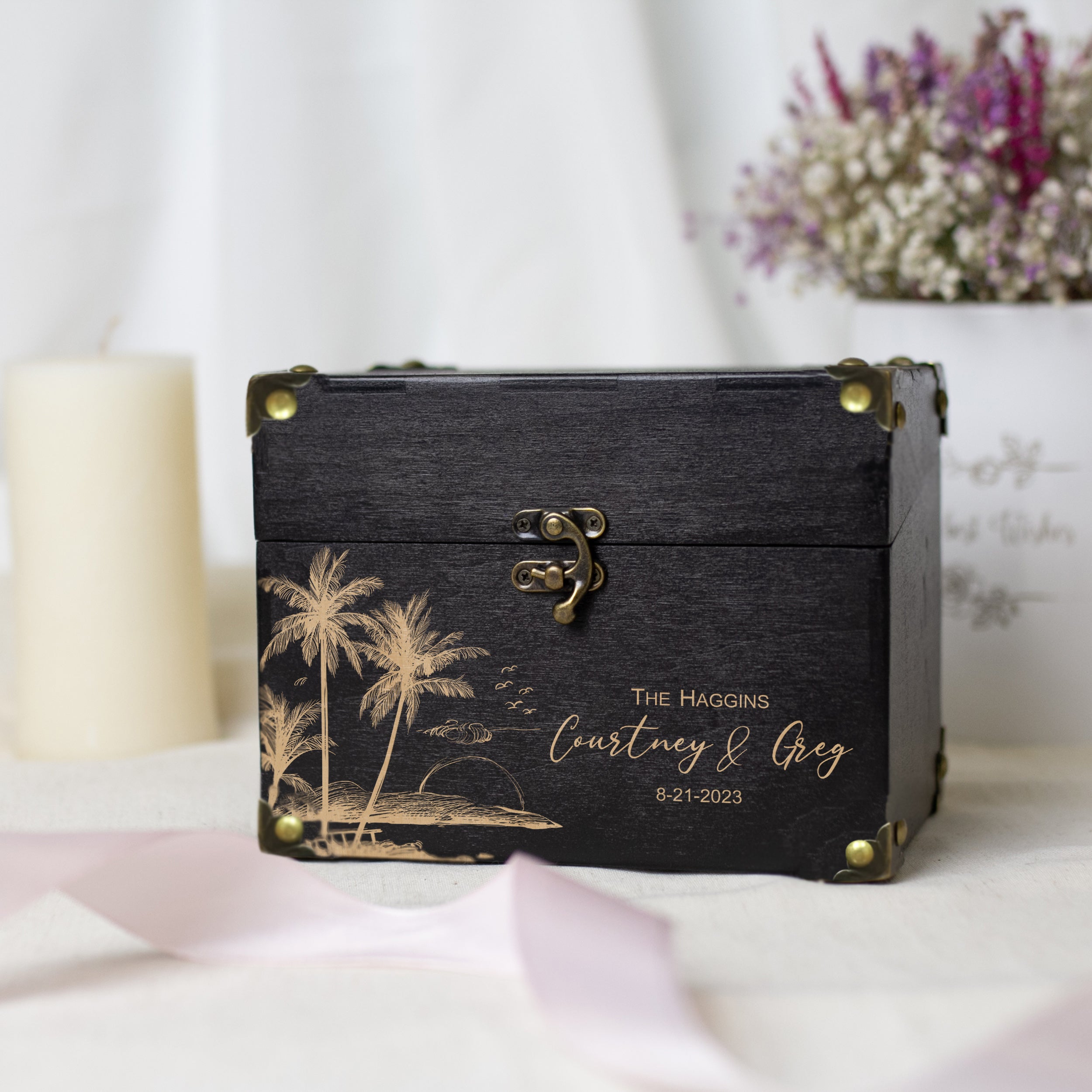 Alternative Wedding Guest Book for Beach & Destination Weddings - Wooden Card Box with Palm Leaves