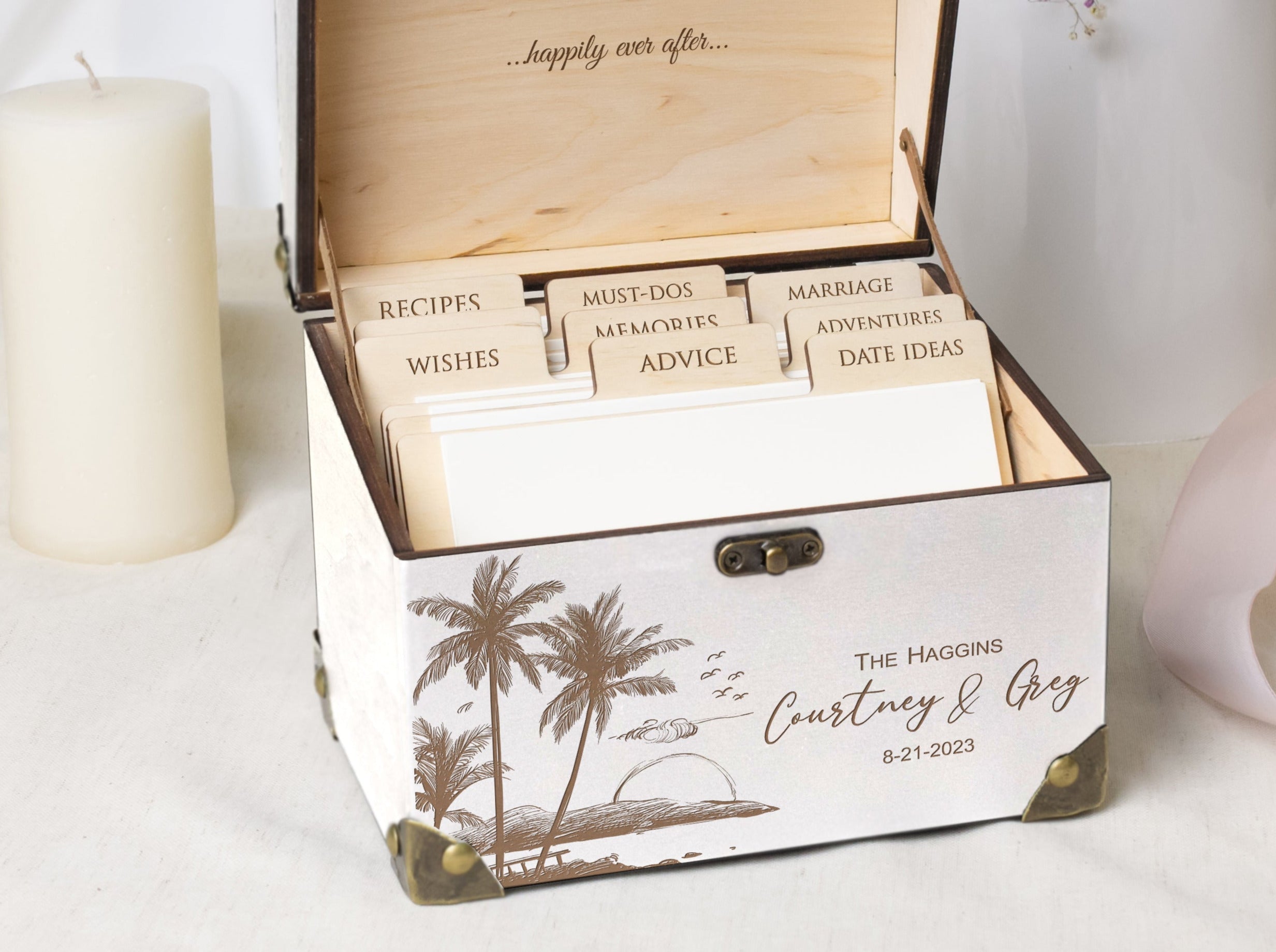 Alternative Wedding Guest Book for Beach & Destination Weddings - Wooden Card Box with Palm Leaves