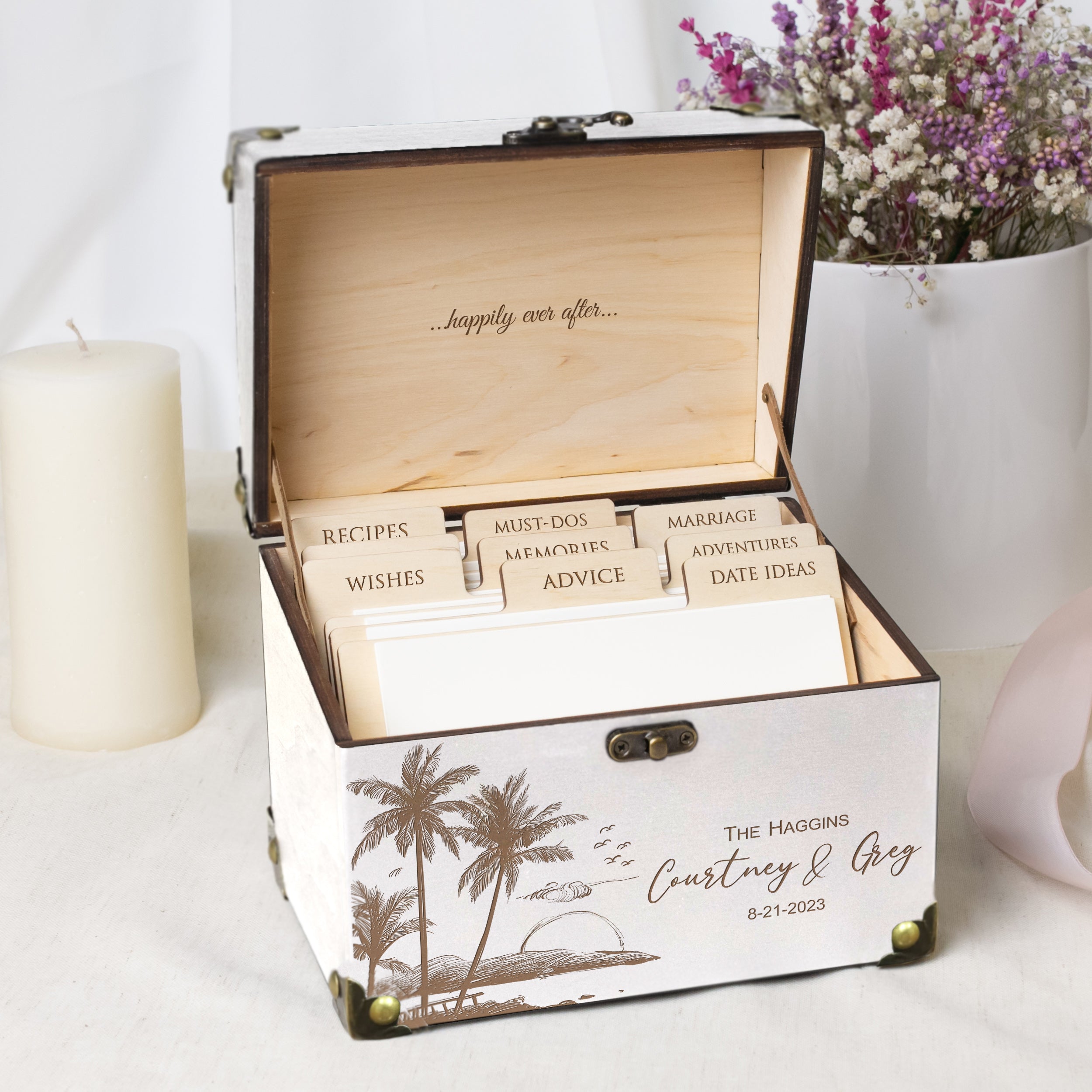 Alternative Wedding Guest Book for Beach & Destination Weddings - Wooden Card Box with Palm Leaves