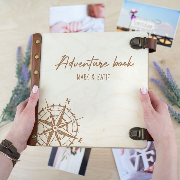 Adventure Scrapbook Album with Mountains - Custom Wooden Photo Album