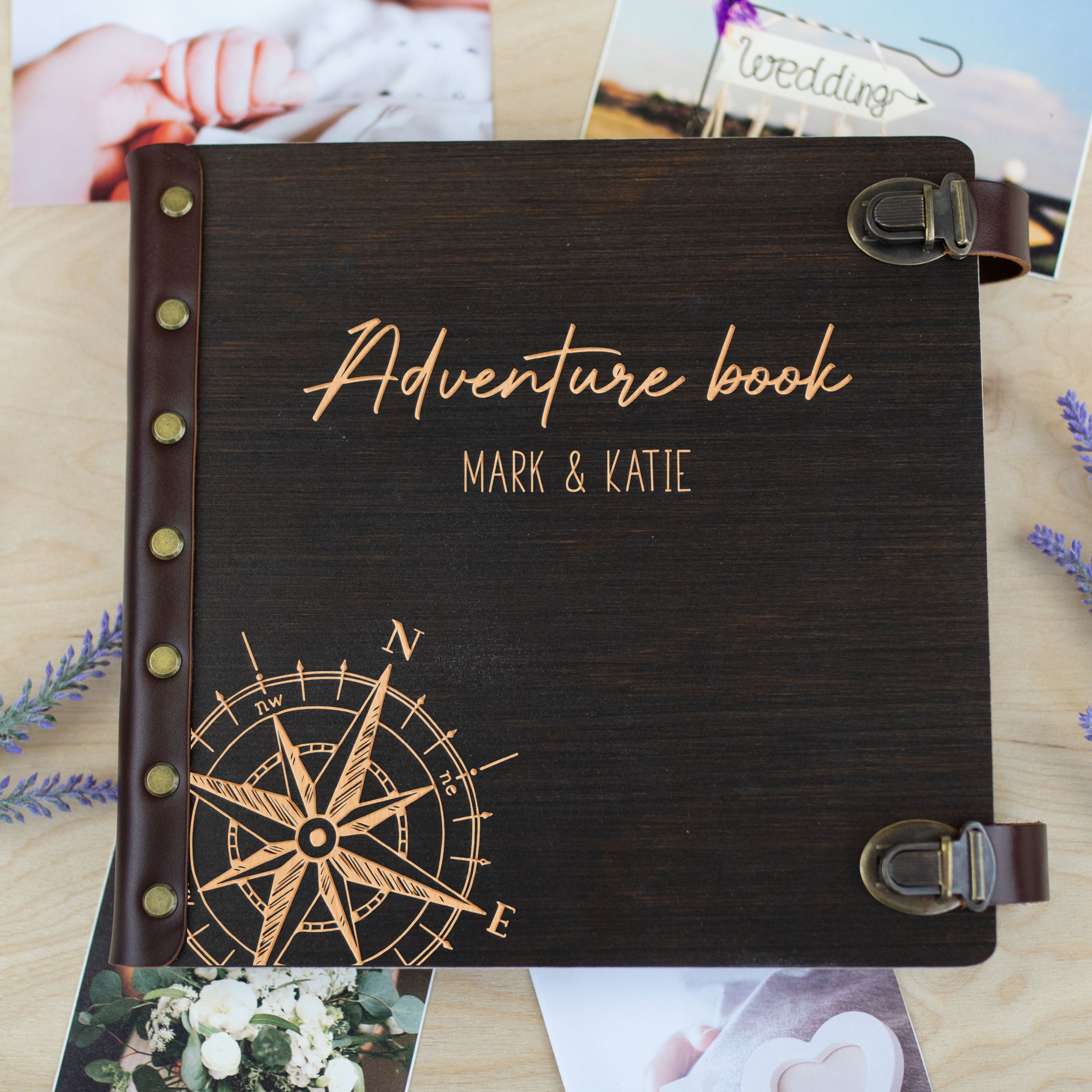 Adventure Scrapbook Album with Mountains - Custom Wooden Photo Album