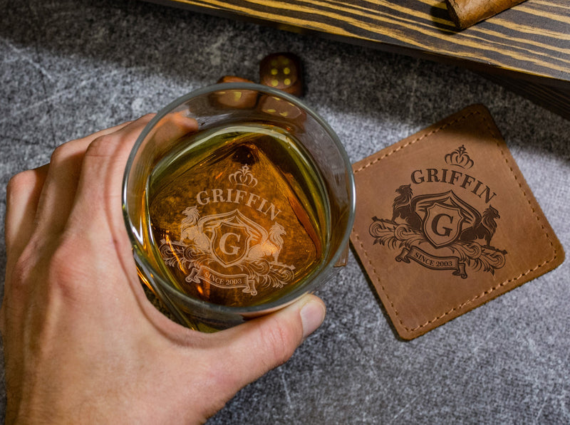 Dad Whiskey Glass with Leather Coaster - Personalized Father Son Gifts
