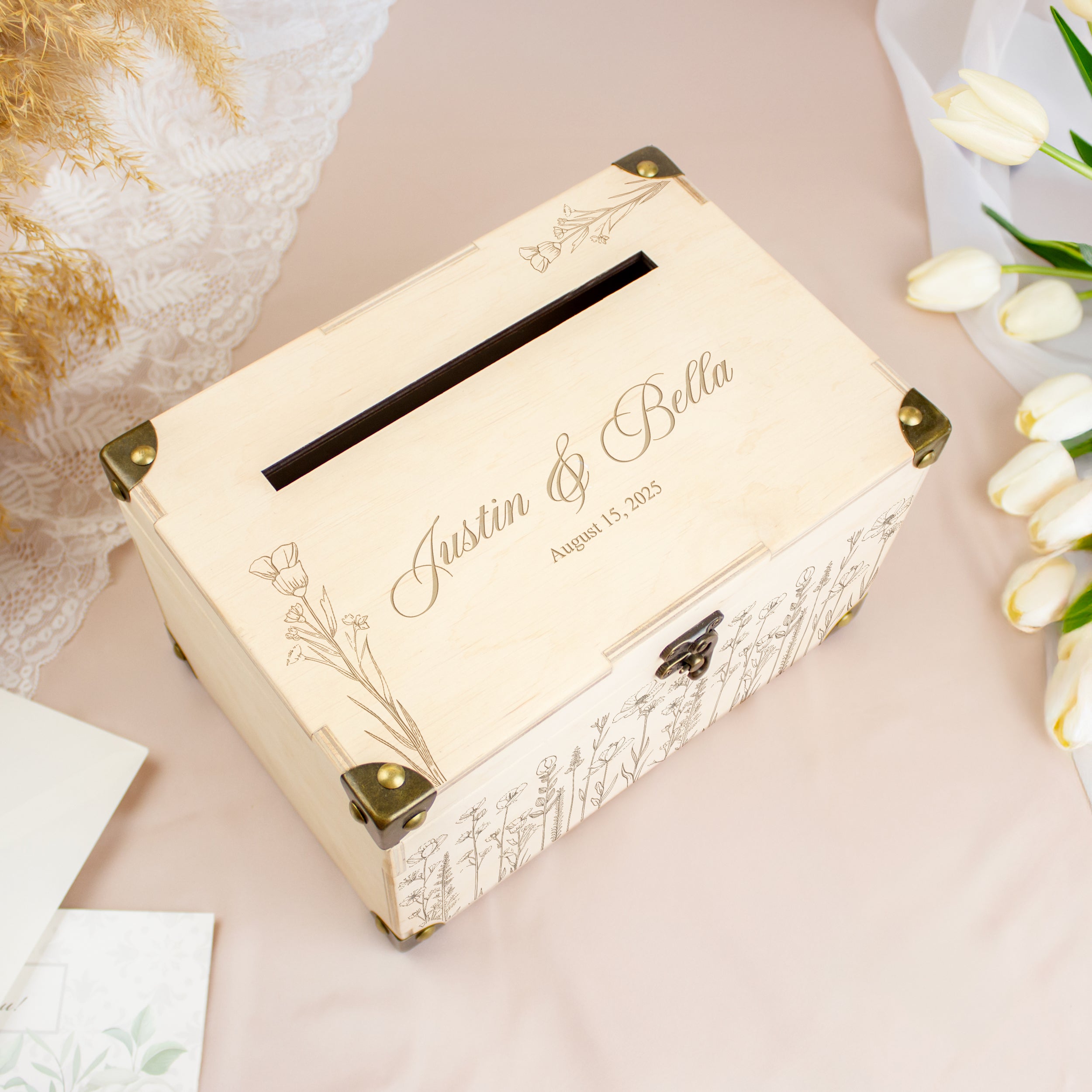 Custom Card Box for Wedding - Personalized Wooden Box with Lock