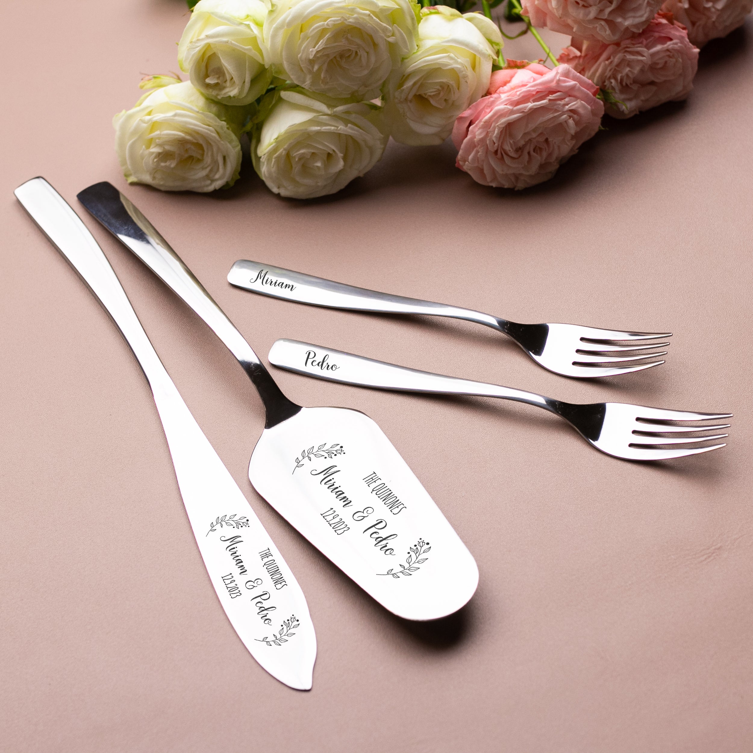 Wedding Cake Server Set and Cake forks - Engagement Gift for Couple