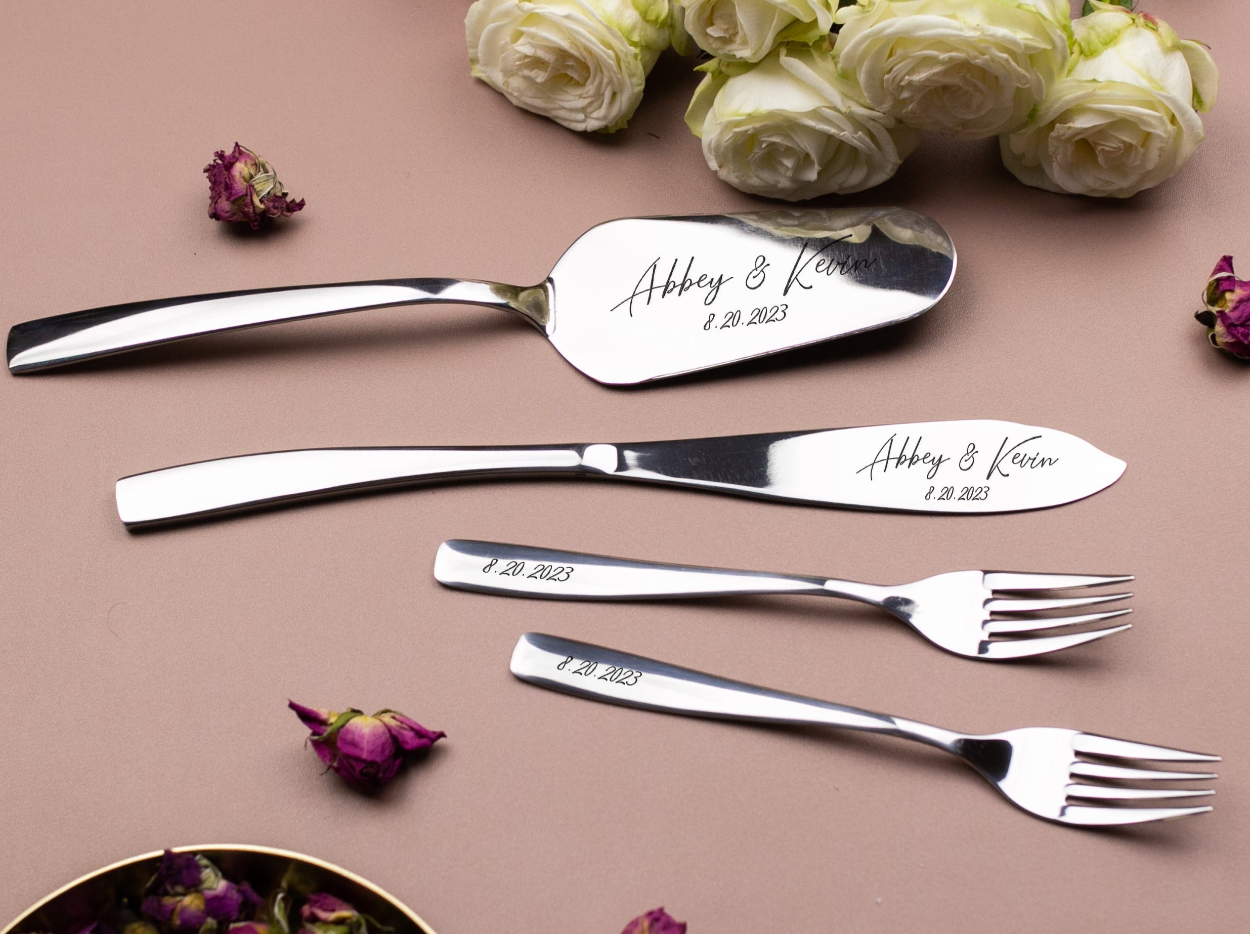 Engraved Cake Knife & Server with forks Set - Serving Accessories for Wedding