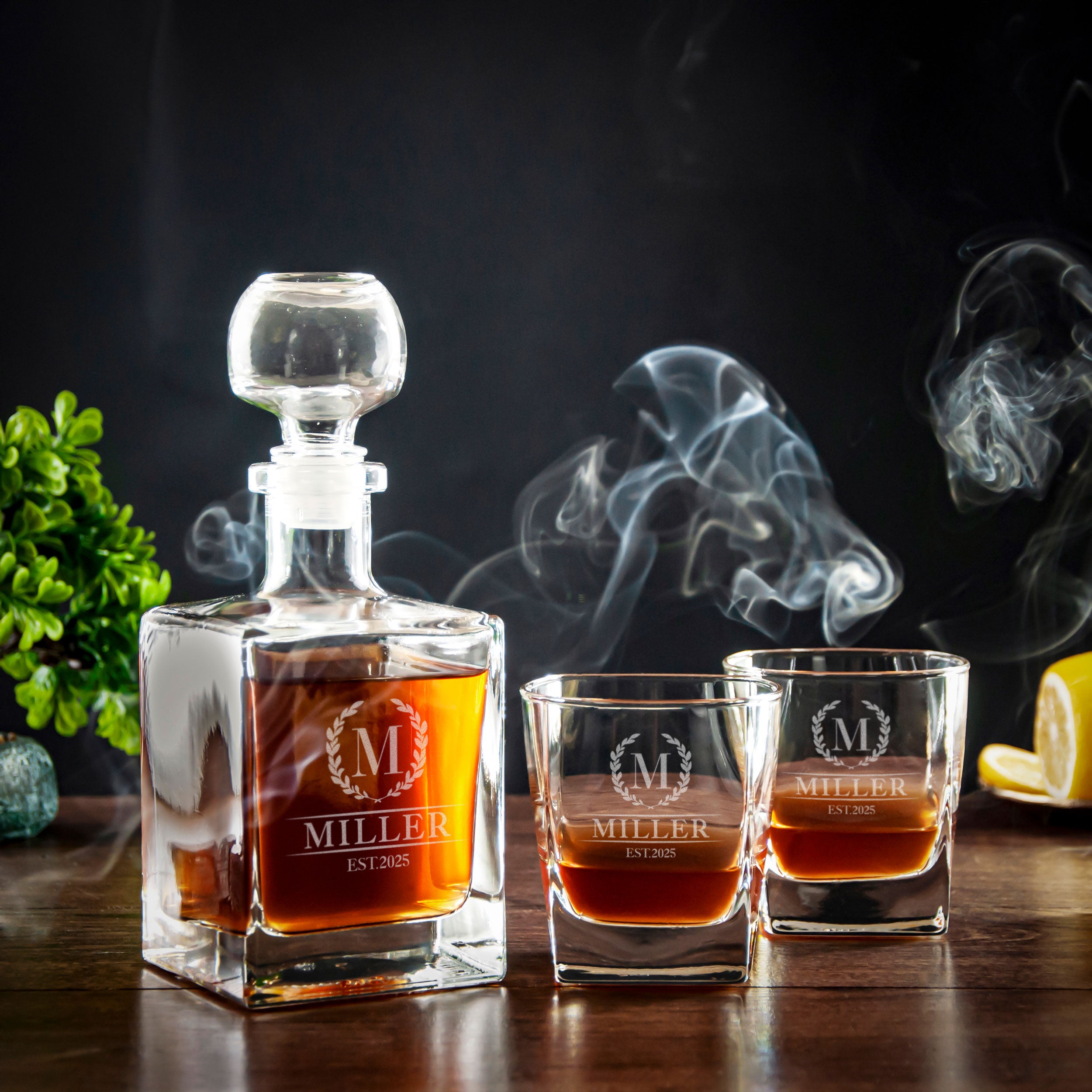 A bottle of Miller whiskey and two glasses filled with the amber-colored liquor are displayed on a wooden surface, with smoke rising from the bottle.