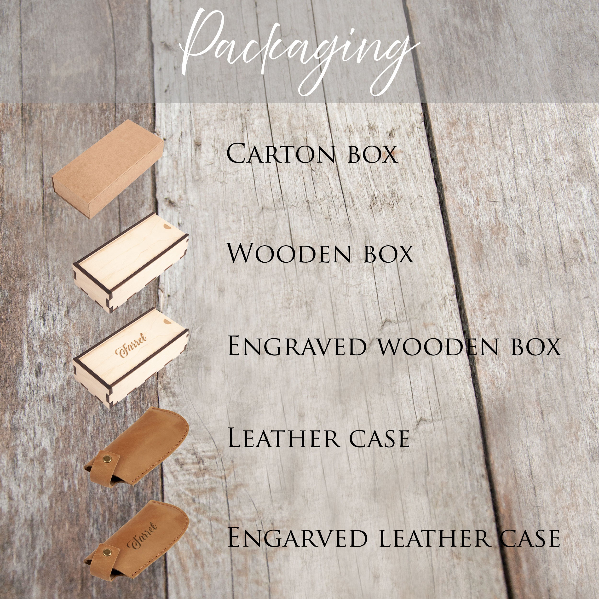 various types of wooden boxes and leather cases, including a cardboard box, a wooden box, an engraved wooden box, a leather case, and an engraved leather case, all arranged on a wooden surface.