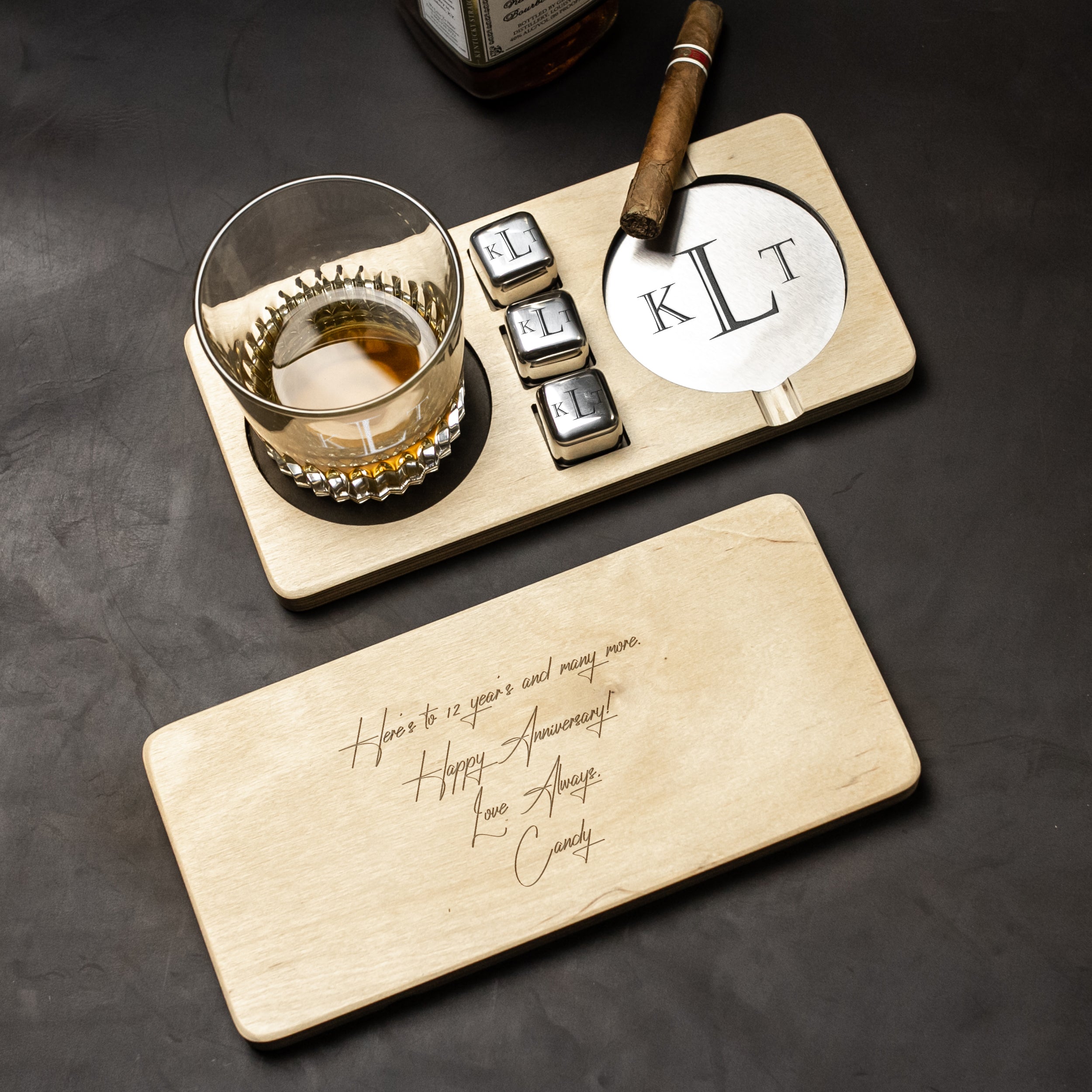 Personalized Whiskey Glass & Cigar Tray - Anniversary Gifts for Husband