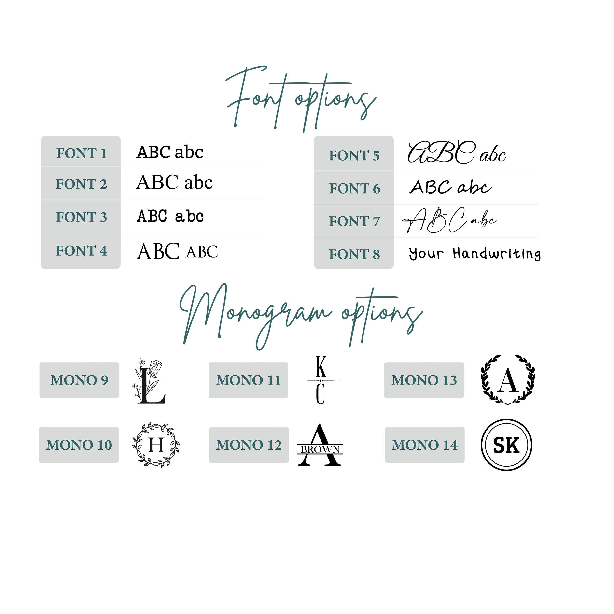 Font options and monogram options