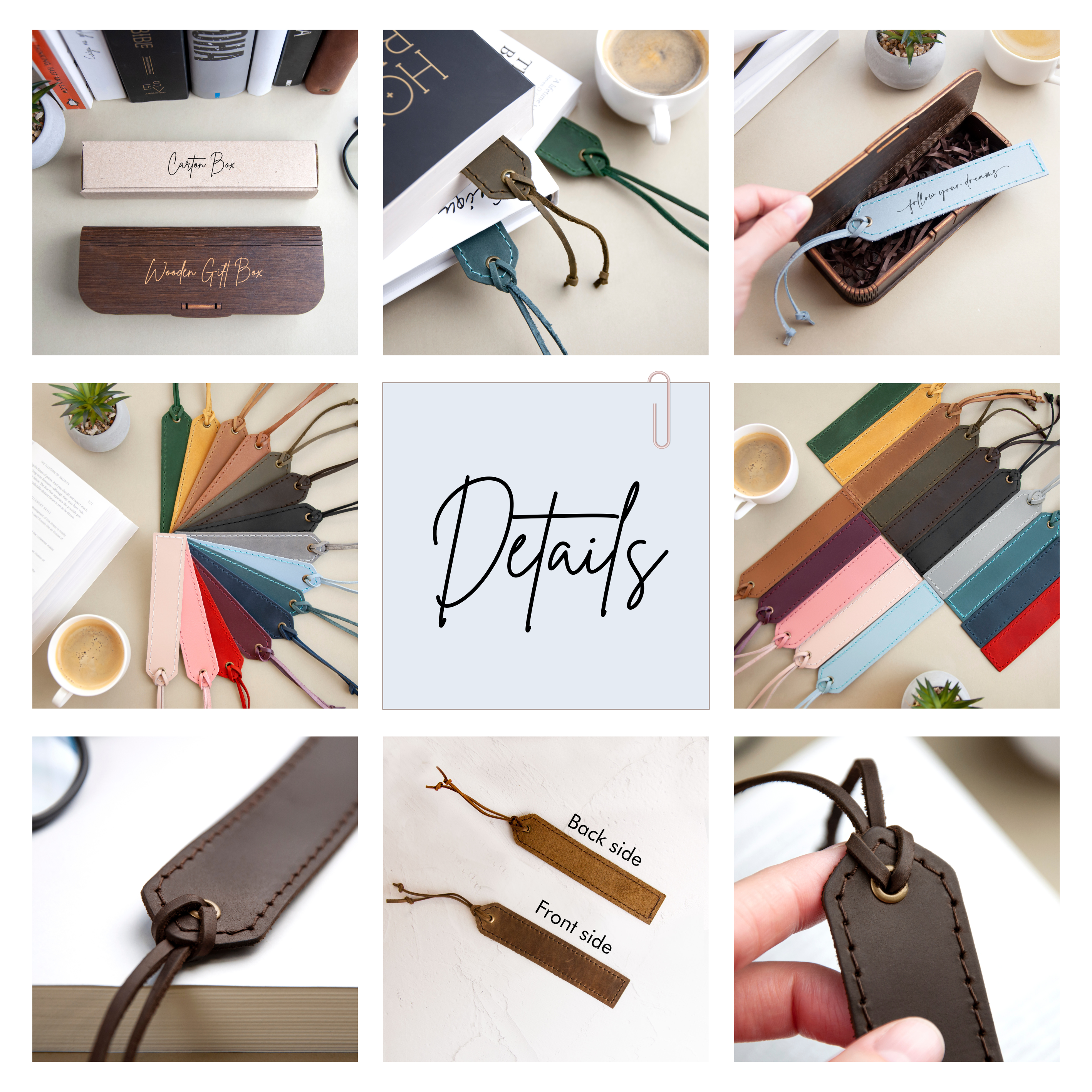 The image is a collage of various items related to bookmarks and leather goods, including a wooden box, a leather bookmark, a leather tag, and a leather strap.