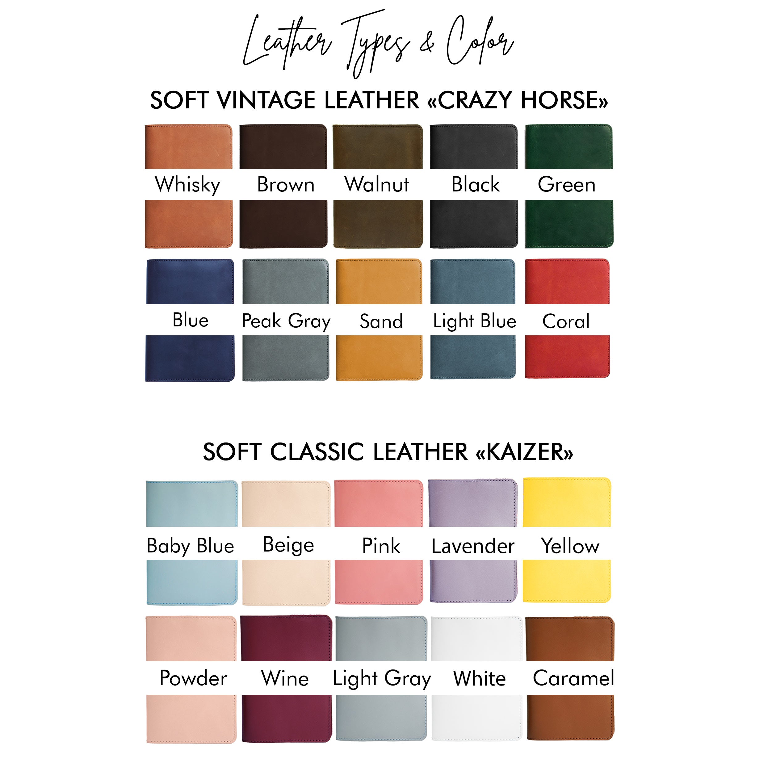 the color chart for soft vintage leather and crazy horse