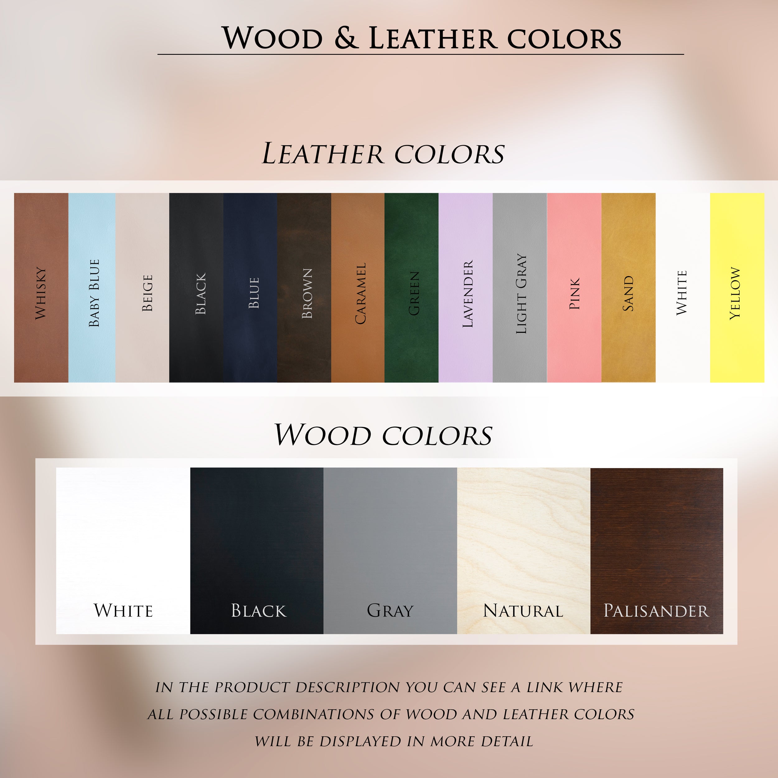 a color palette for wood and leather materials, with various shades of brown, black, gray, and natural tones.