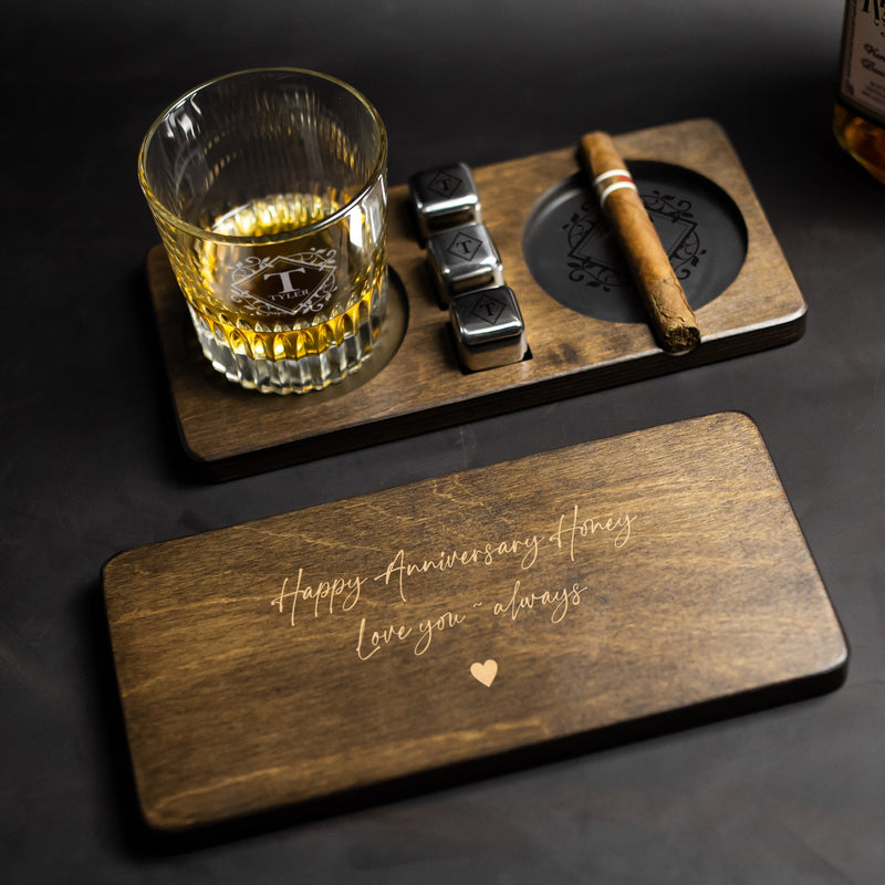 Personalized Whiskey Glass & Cigar Tray - Anniversary Gifts for Husband