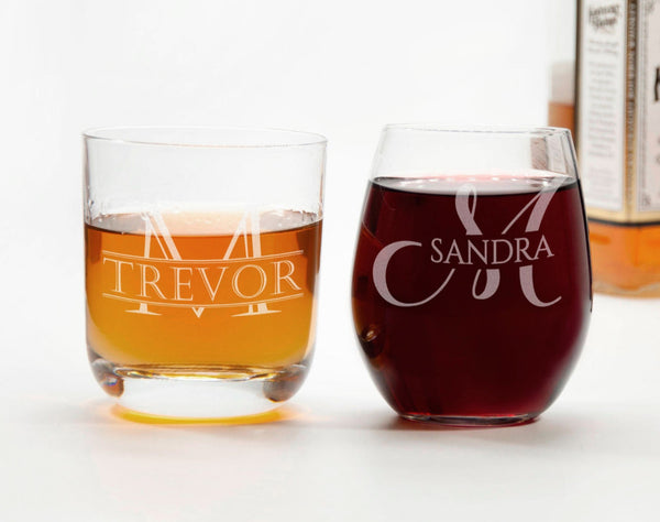 His and Hers Toasting Glasses - Husband and Wife Whiskey and Wine Glasses