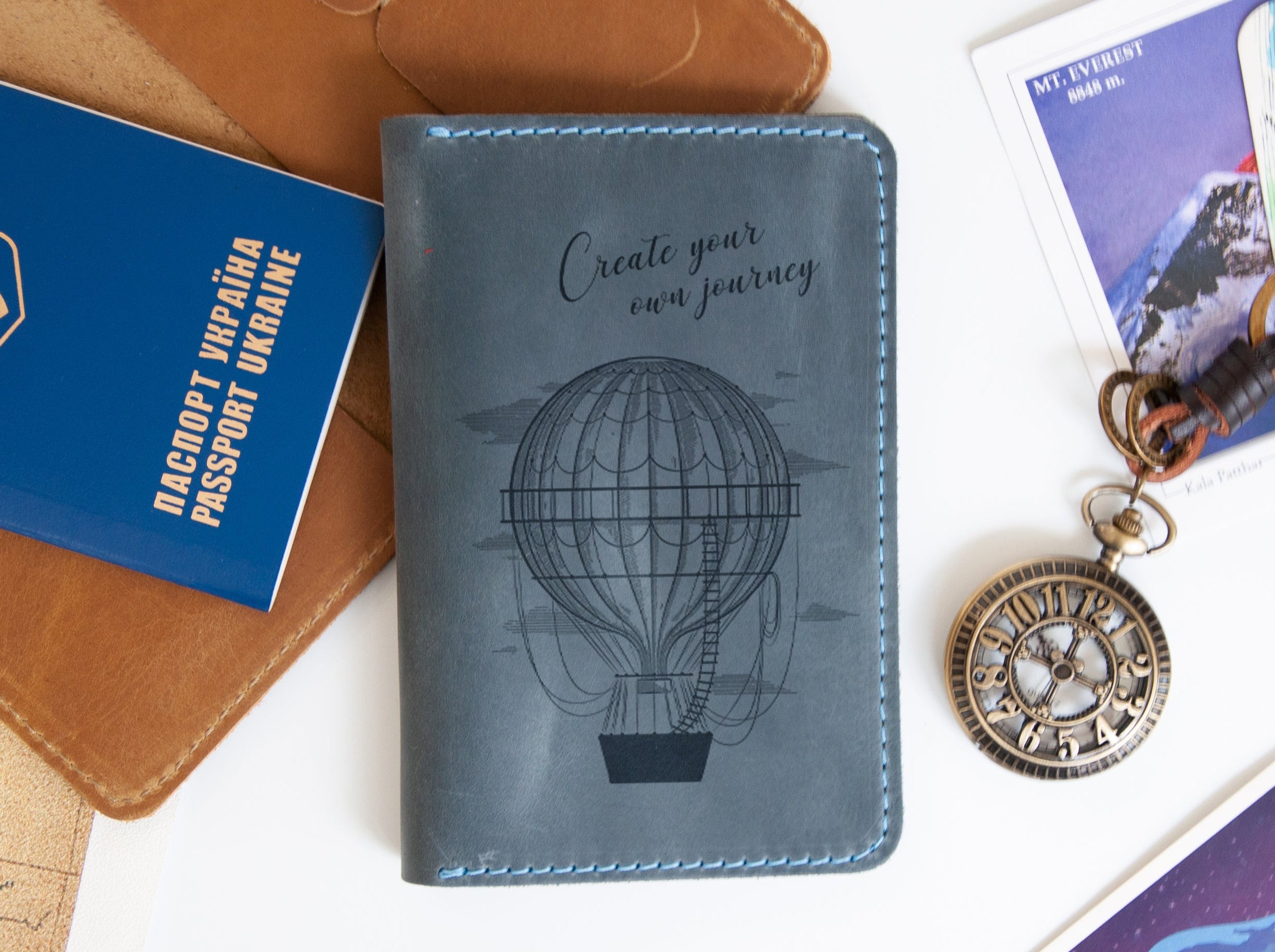 Engraved Leather Travel Wallet with Hot Air Balloon - Wanderlust Gift