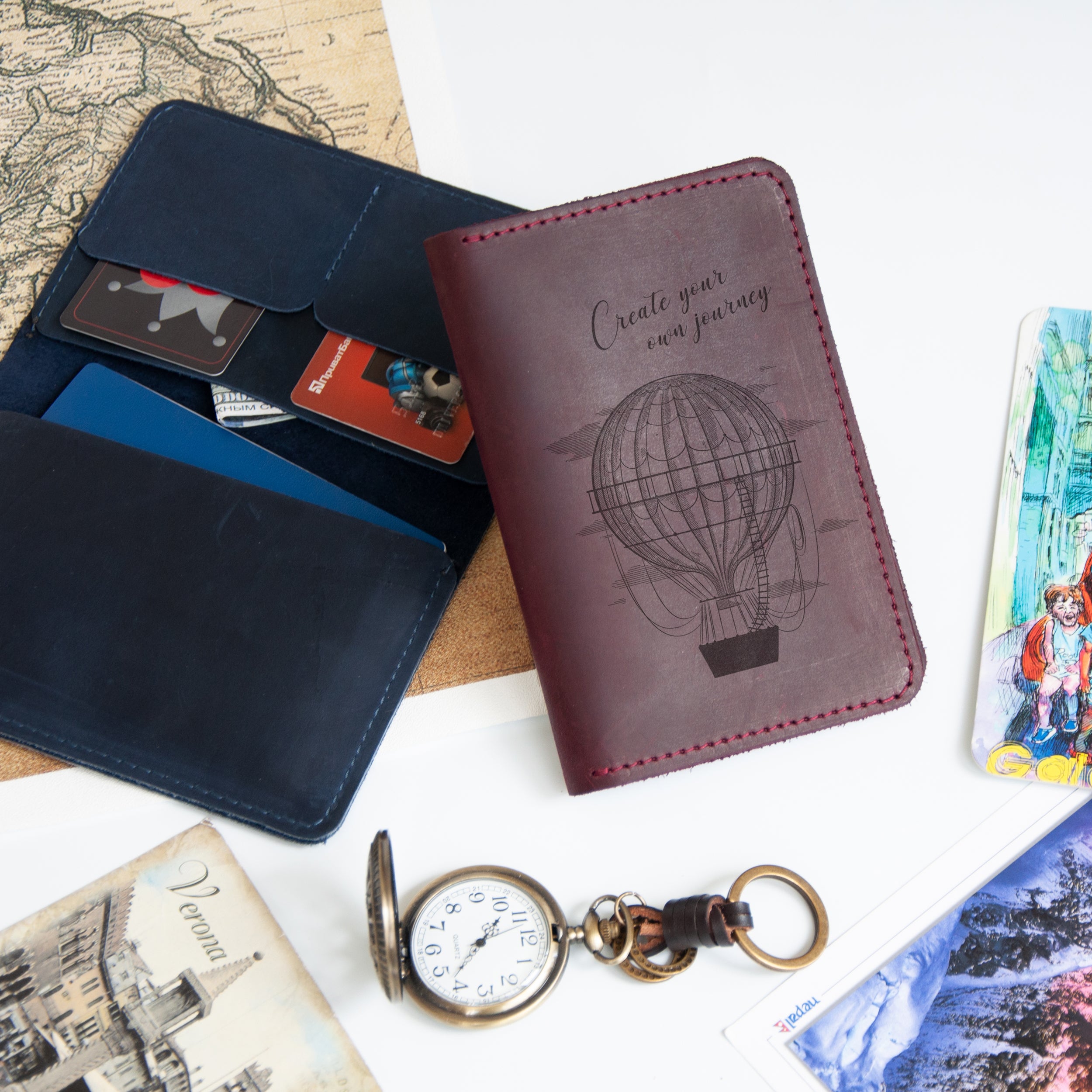 Engraved Leather Travel Wallet with Hot Air Balloon - Wanderlust Gift