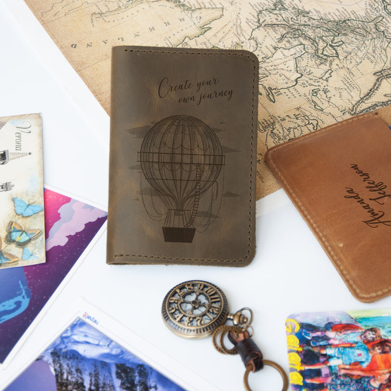 Engraved Leather Travel Wallet with Hot Air Balloon - Wanderlust Gift