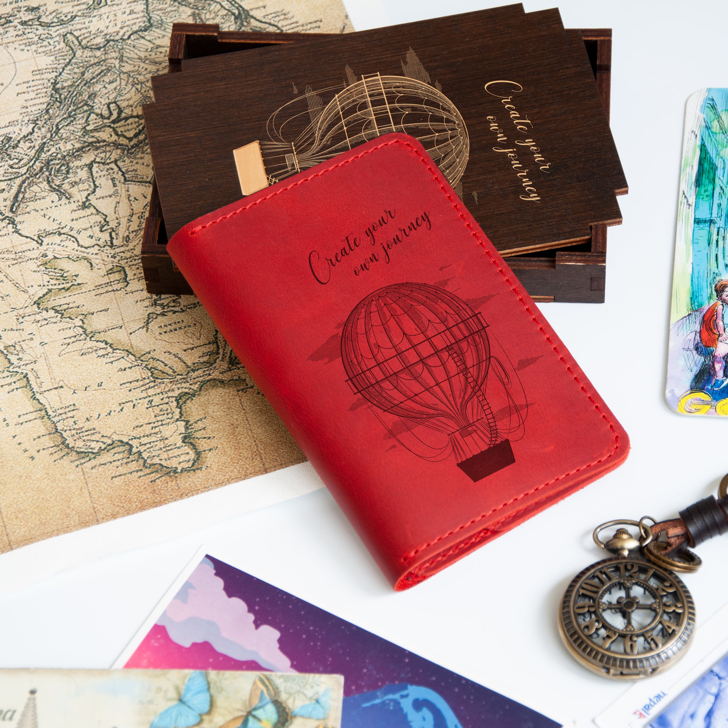 Engraved Leather Travel Wallet with Hot Air Balloon - Wanderlust Gift