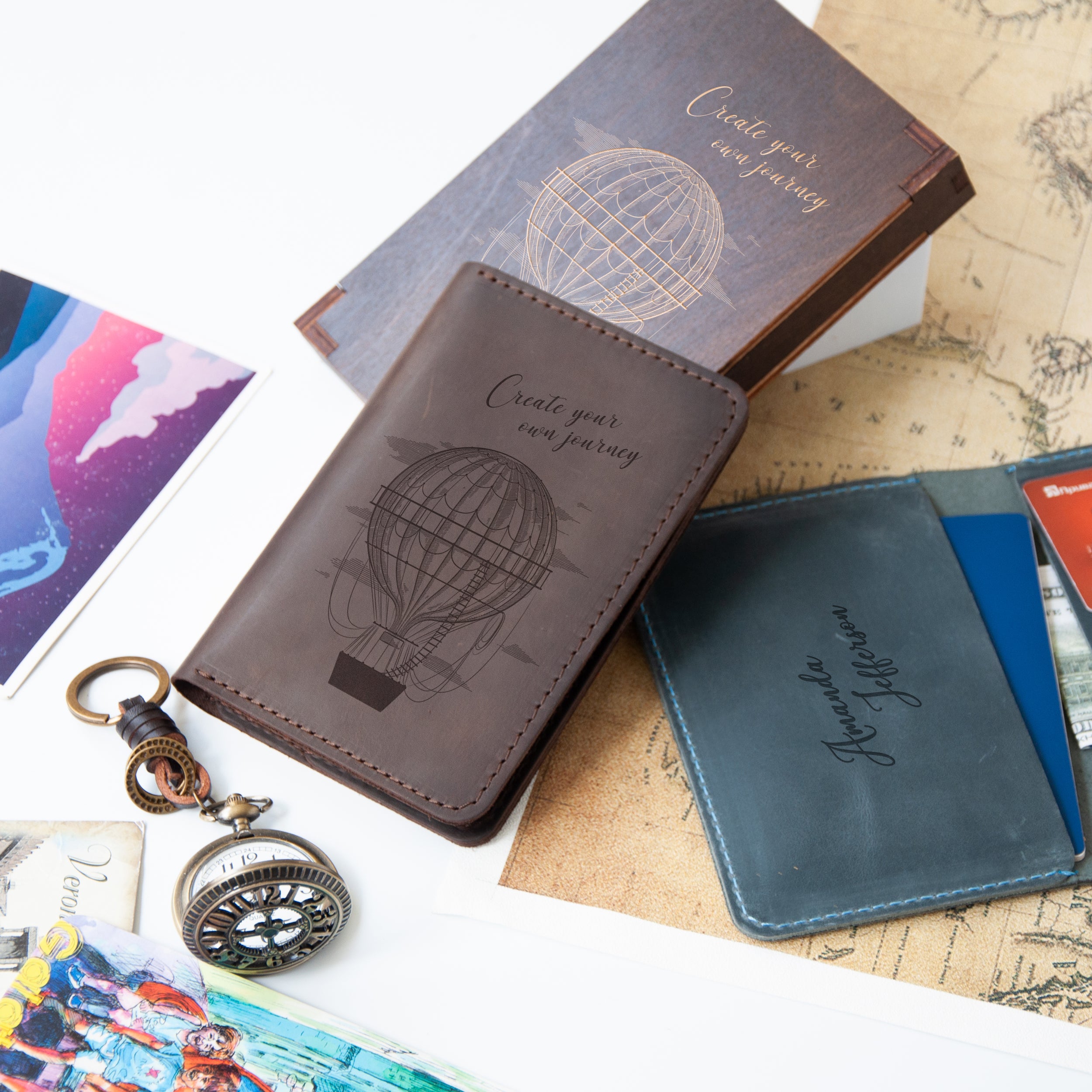 Engraved Leather Travel Wallet with Hot Air Balloon - Wanderlust Gift