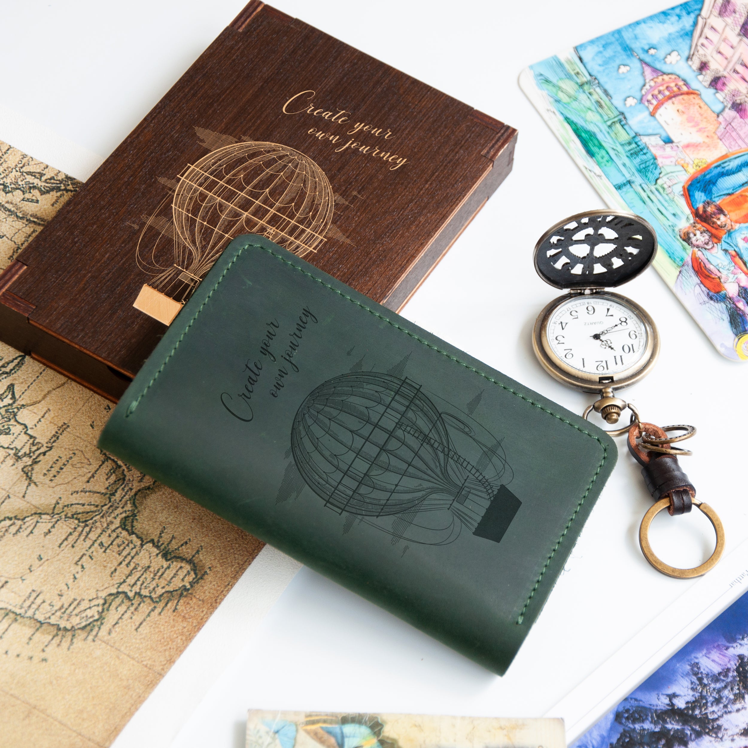 Engraved Leather Travel Wallet with Hot Air Balloon - Wanderlust Gift